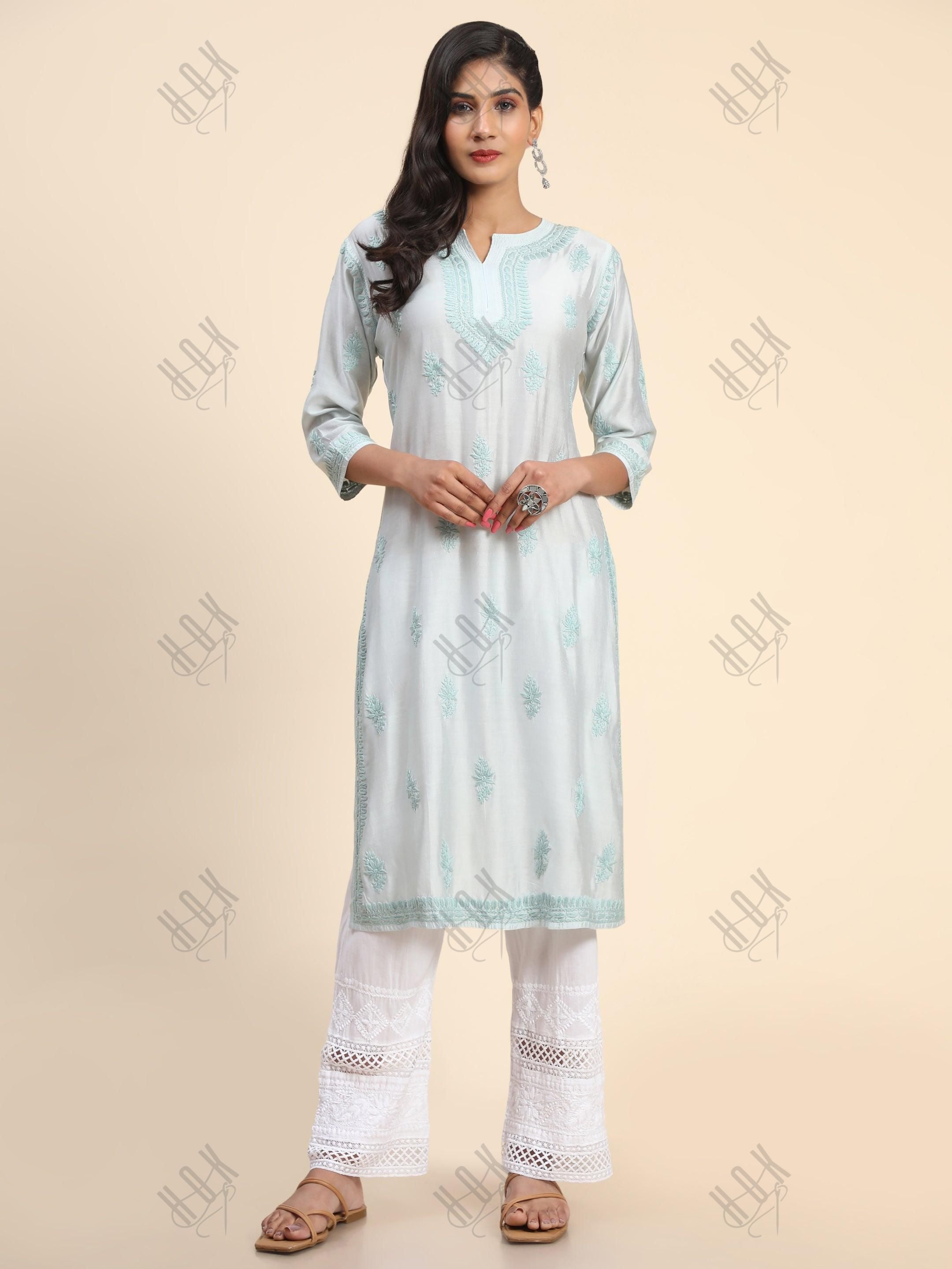 Komal in Noor HOK Hand Embroidery Chanderi Silk Turquoise Blue - House Of Kari (Chikankari Clothing)