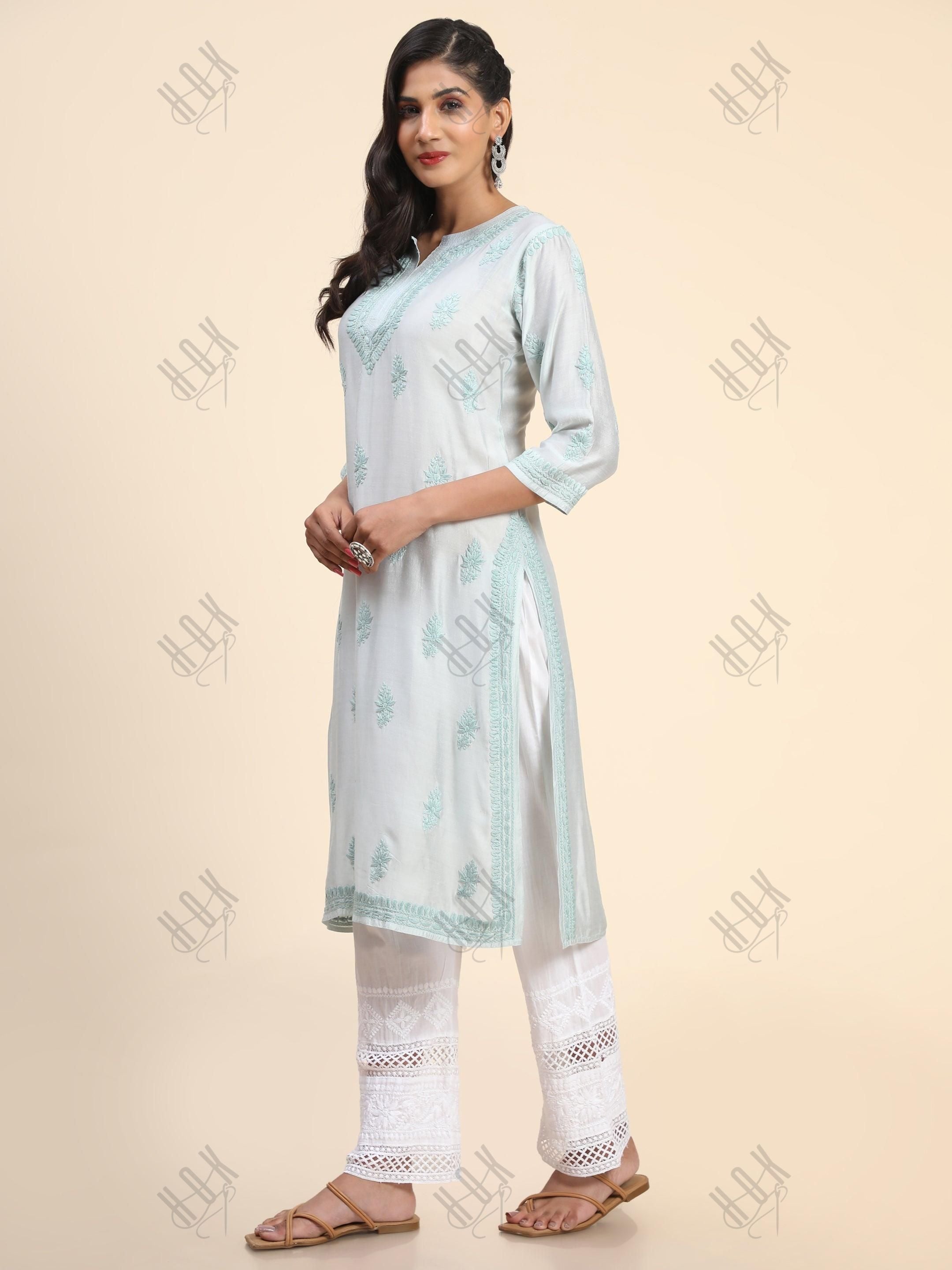 Komal in Noor HOK Hand Embroidery Chanderi Silk Turquoise Blue - House Of Kari (Chikankari Clothing)