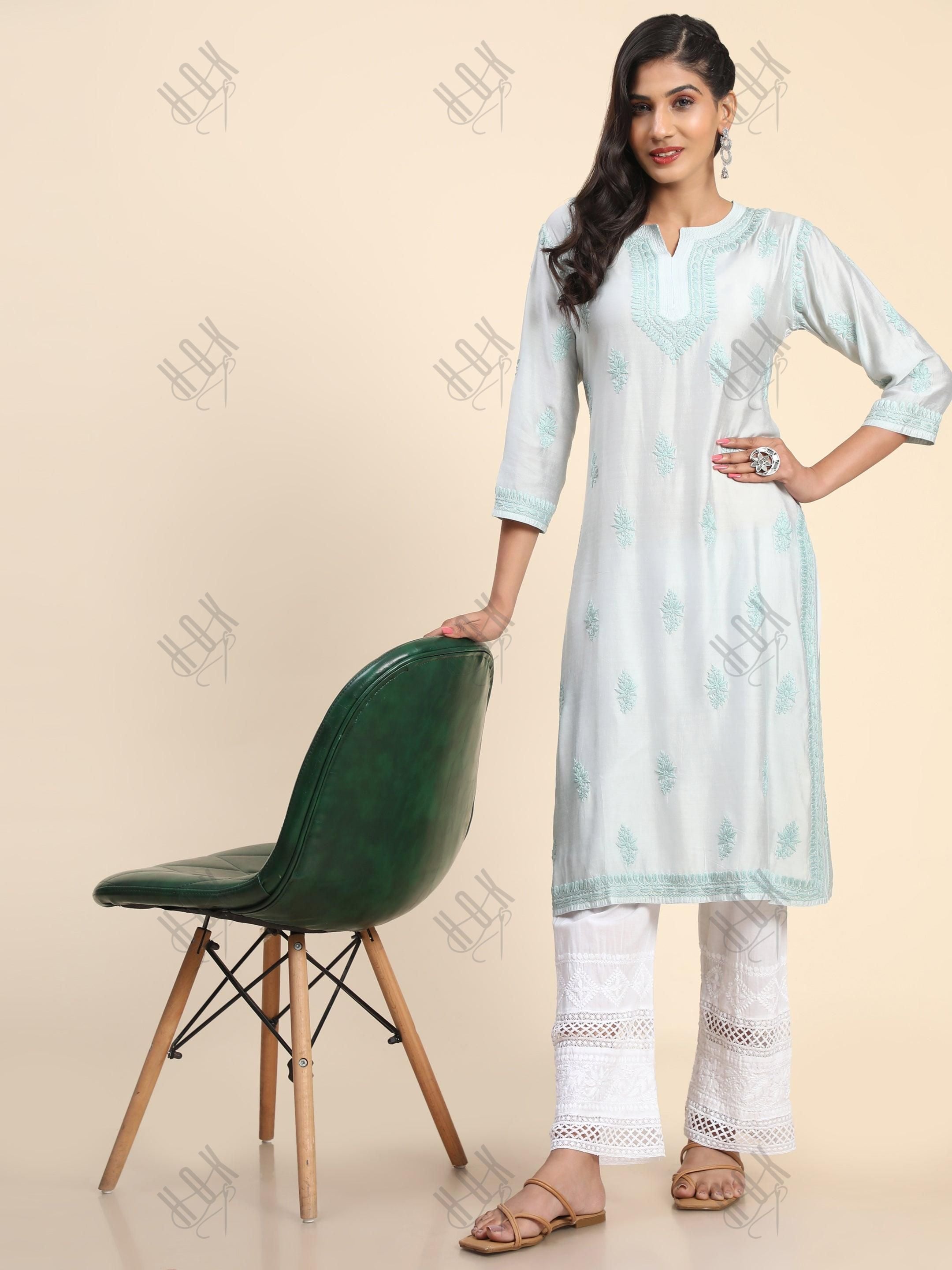 Komal in Noor HOK Hand Embroidery Chanderi Silk Turquoise Blue - House Of Kari (Chikankari Clothing)