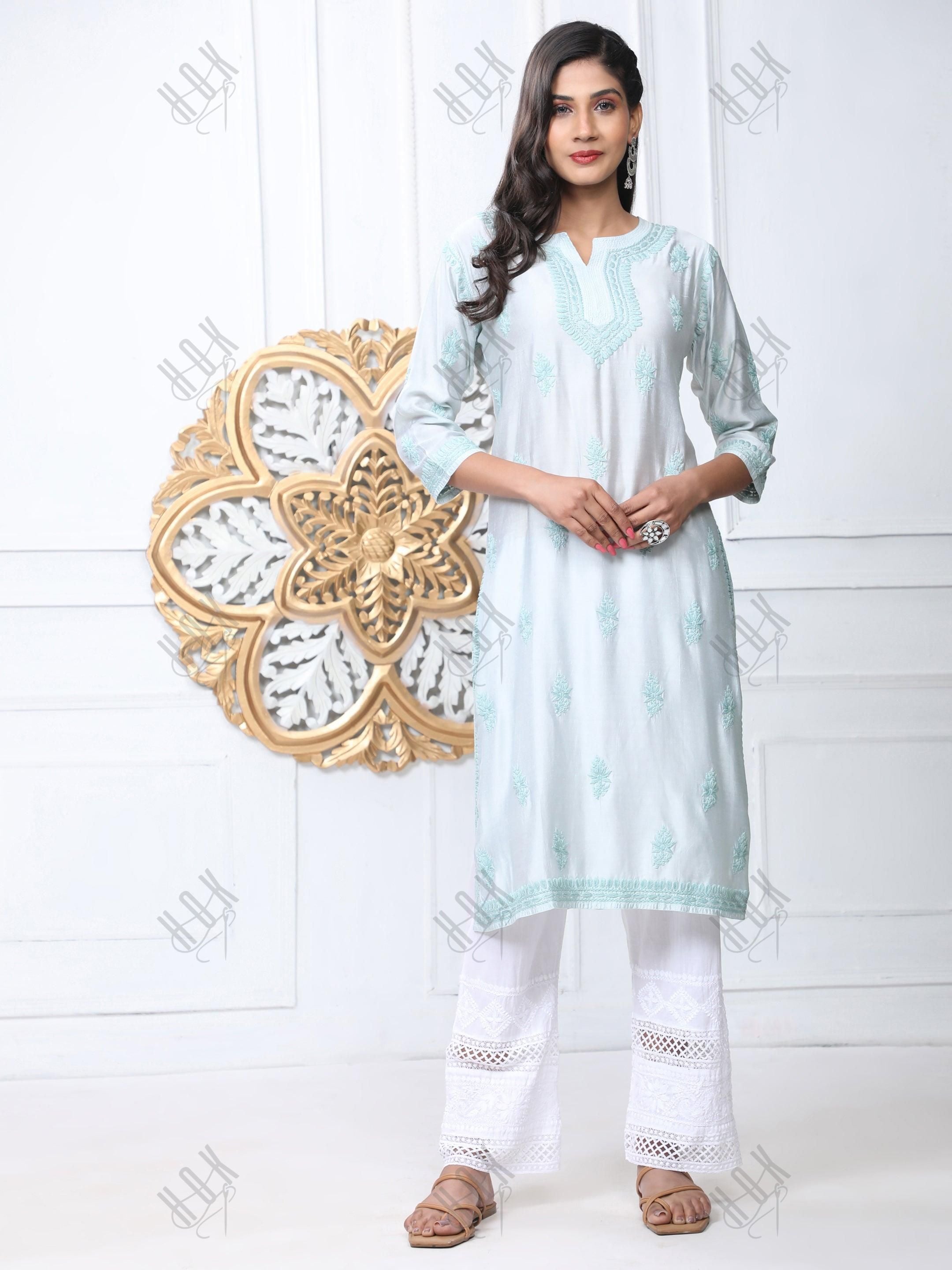 Komal in Noor HOK Hand Embroidery Chanderi Silk Turquoise Blue - House Of Kari (Chikankari Clothing)