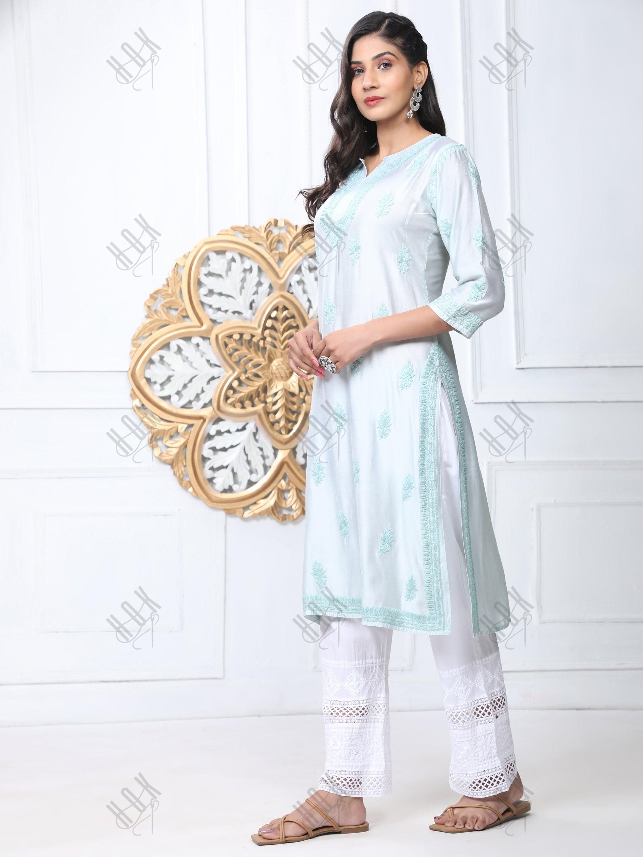 Komal in Noor HOK Hand Embroidery Chanderi Silk Turquoise Blue - House Of Kari (Chikankari Clothing)