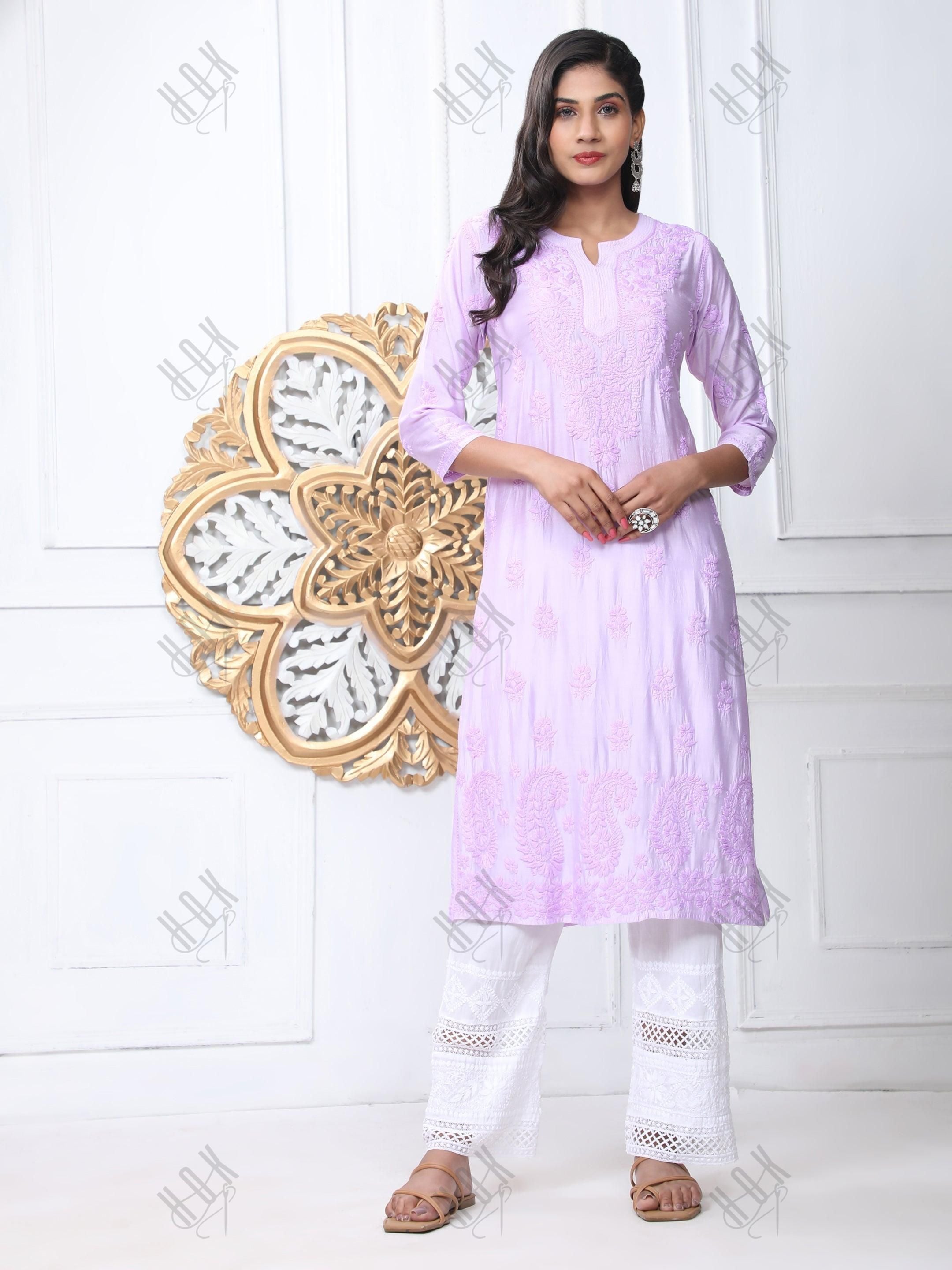 Vedika in Noor HOK Hand Embroidery Chanderi Silk Lavender - House Of Kari (Chikankari Clothing)