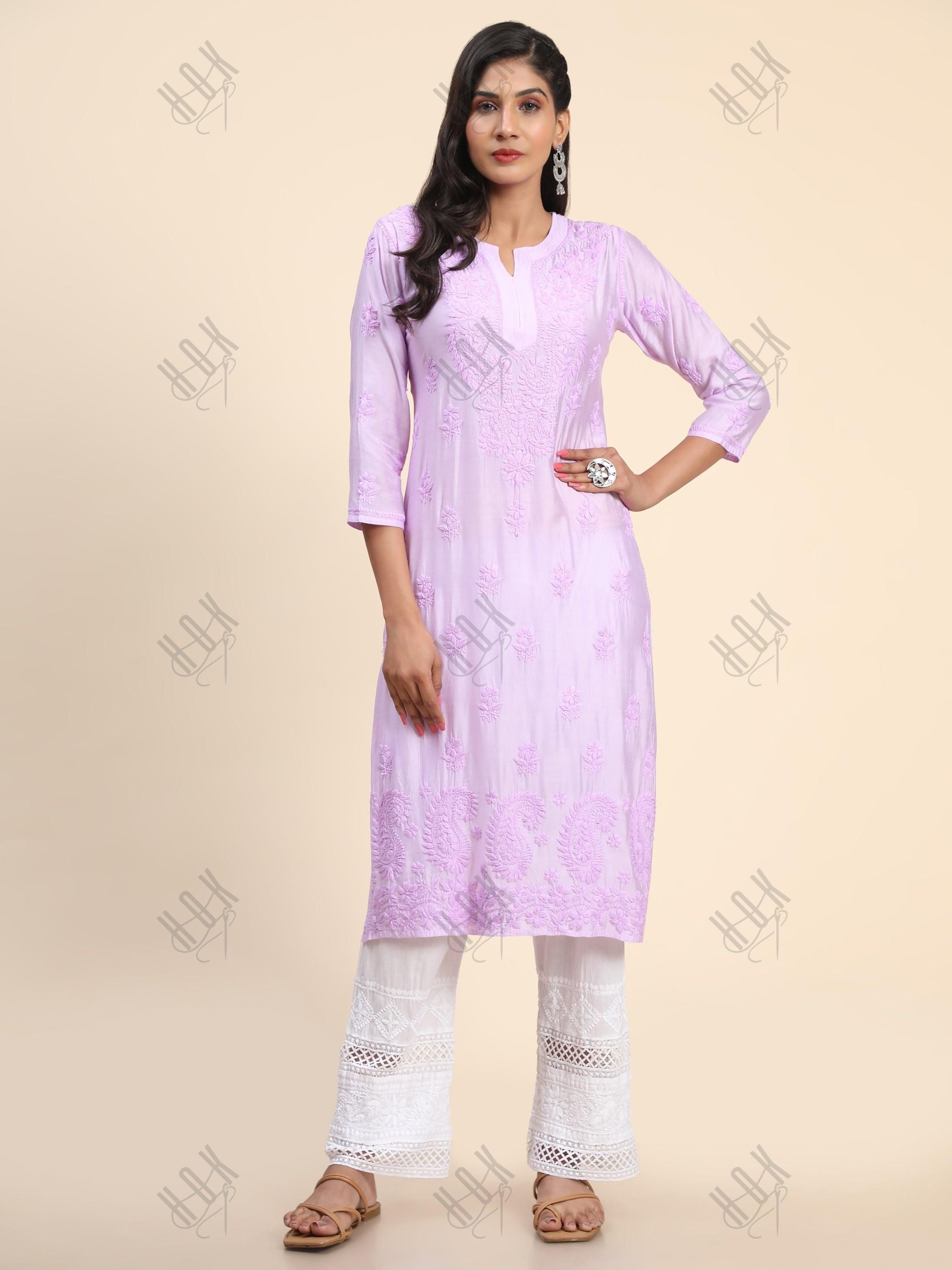 Vedika in Noor HOK Hand Embroidery Chanderi Silk Lavender - House Of Kari (Chikankari Clothing)