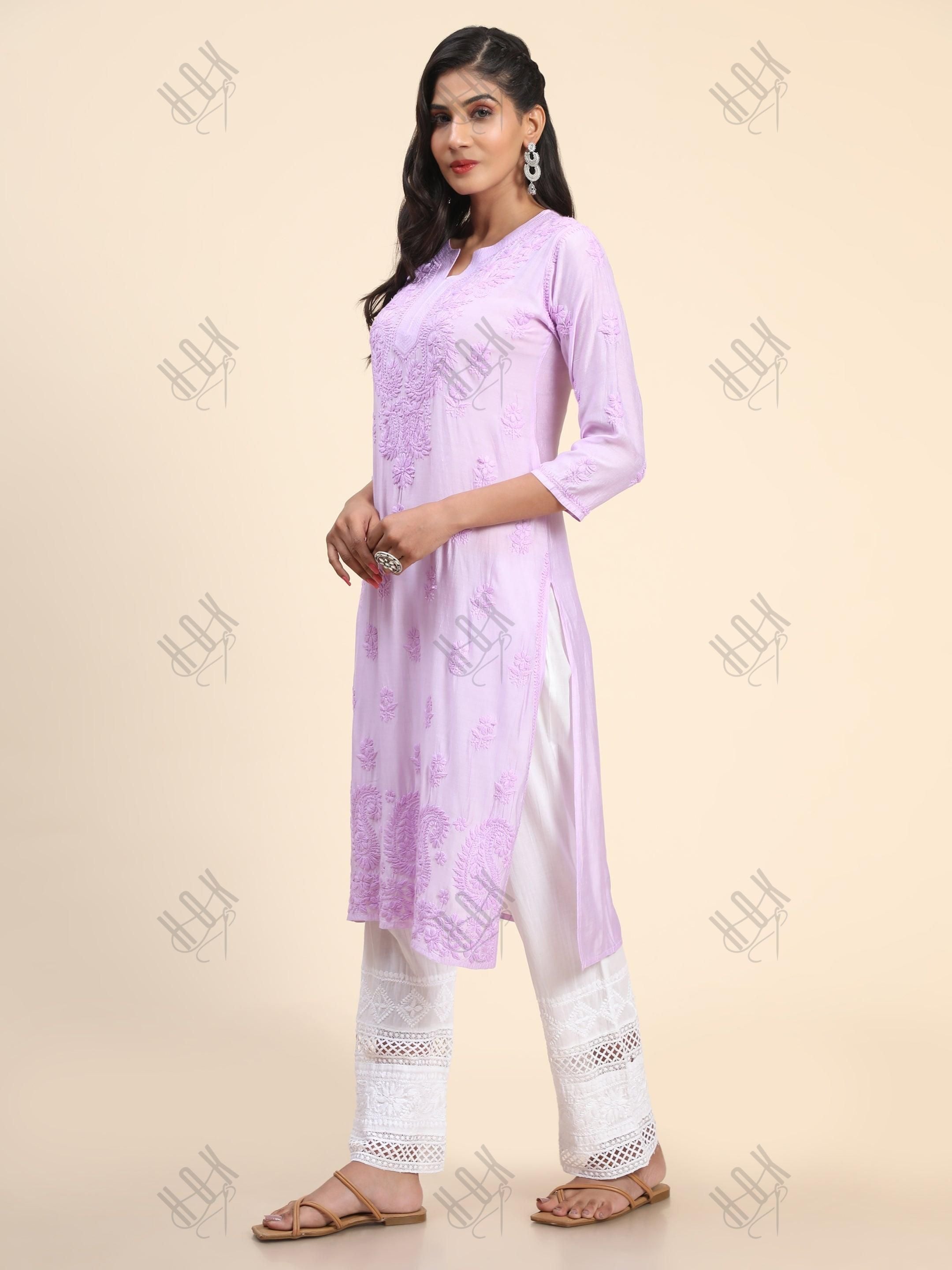 Vedika in Noor HOK Hand Embroidery Chanderi Silk Lavender - House Of Kari (Chikankari Clothing)