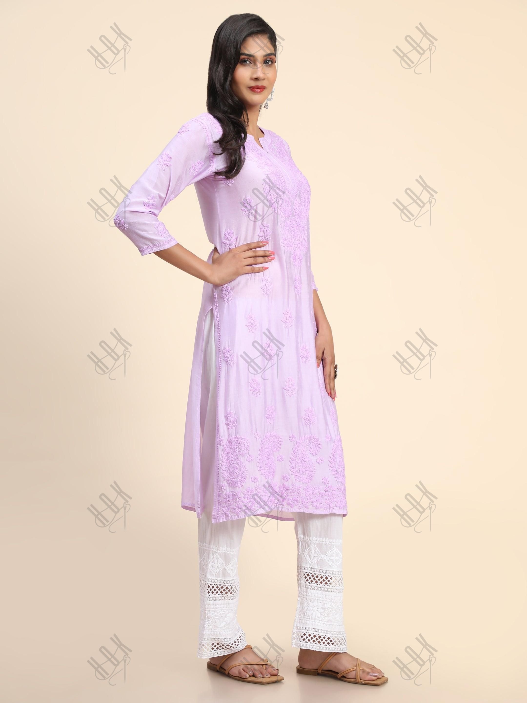 Vedika in Noor HOK Hand Embroidery Chanderi Silk Lavender - House Of Kari (Chikankari Clothing)