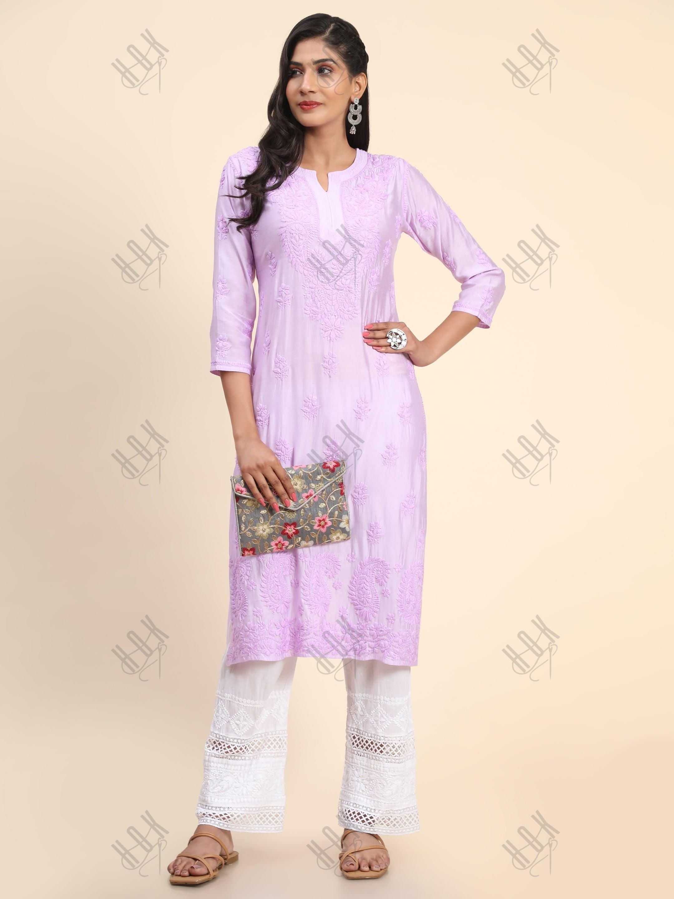 Vedika in Noor HOK Hand Embroidery Chanderi Silk Lavender - House Of Kari (Chikankari Clothing)