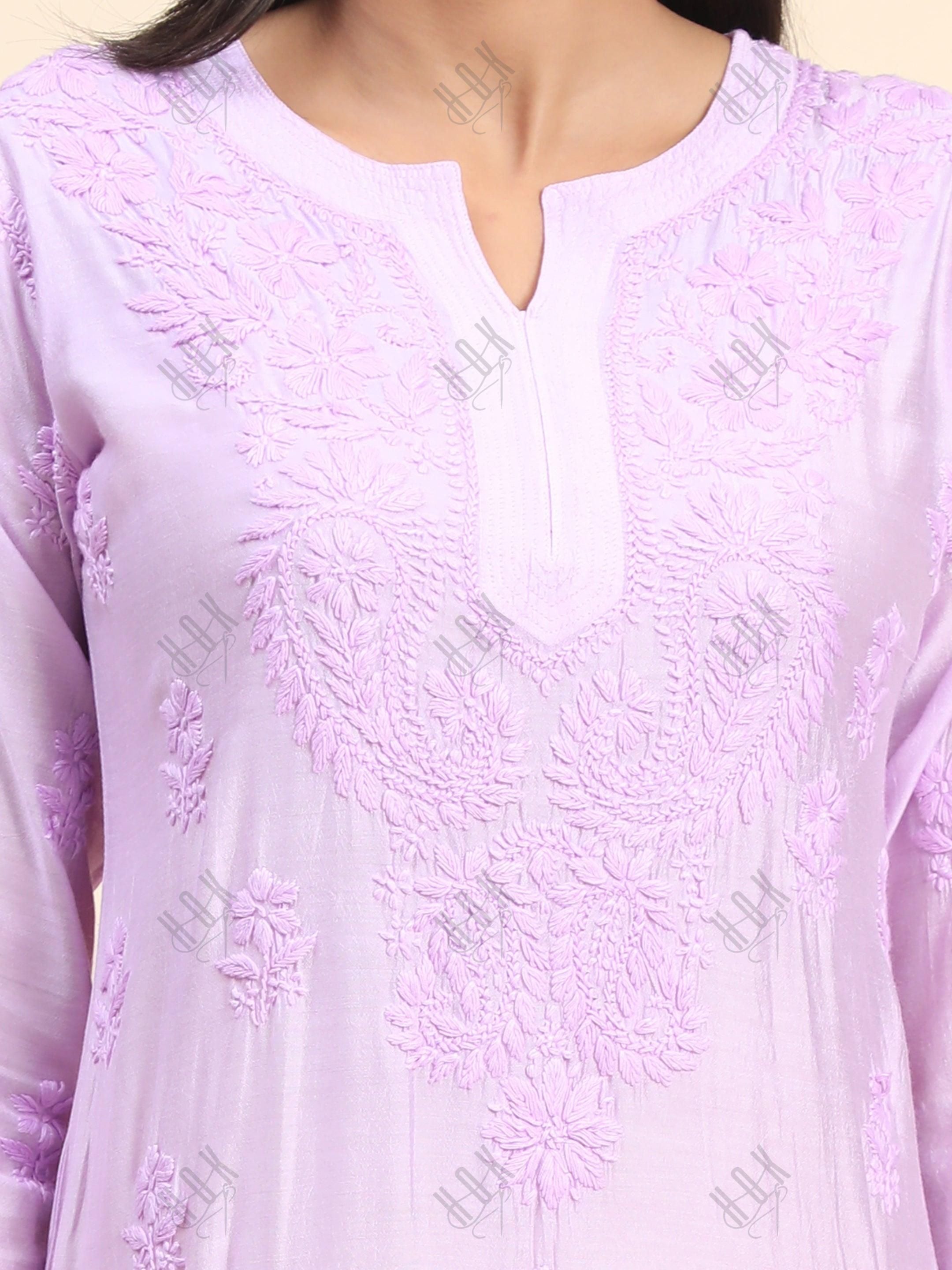 Vedika in Noor HOK Hand Embroidery Chanderi Silk Lavender - House Of Kari (Chikankari Clothing)