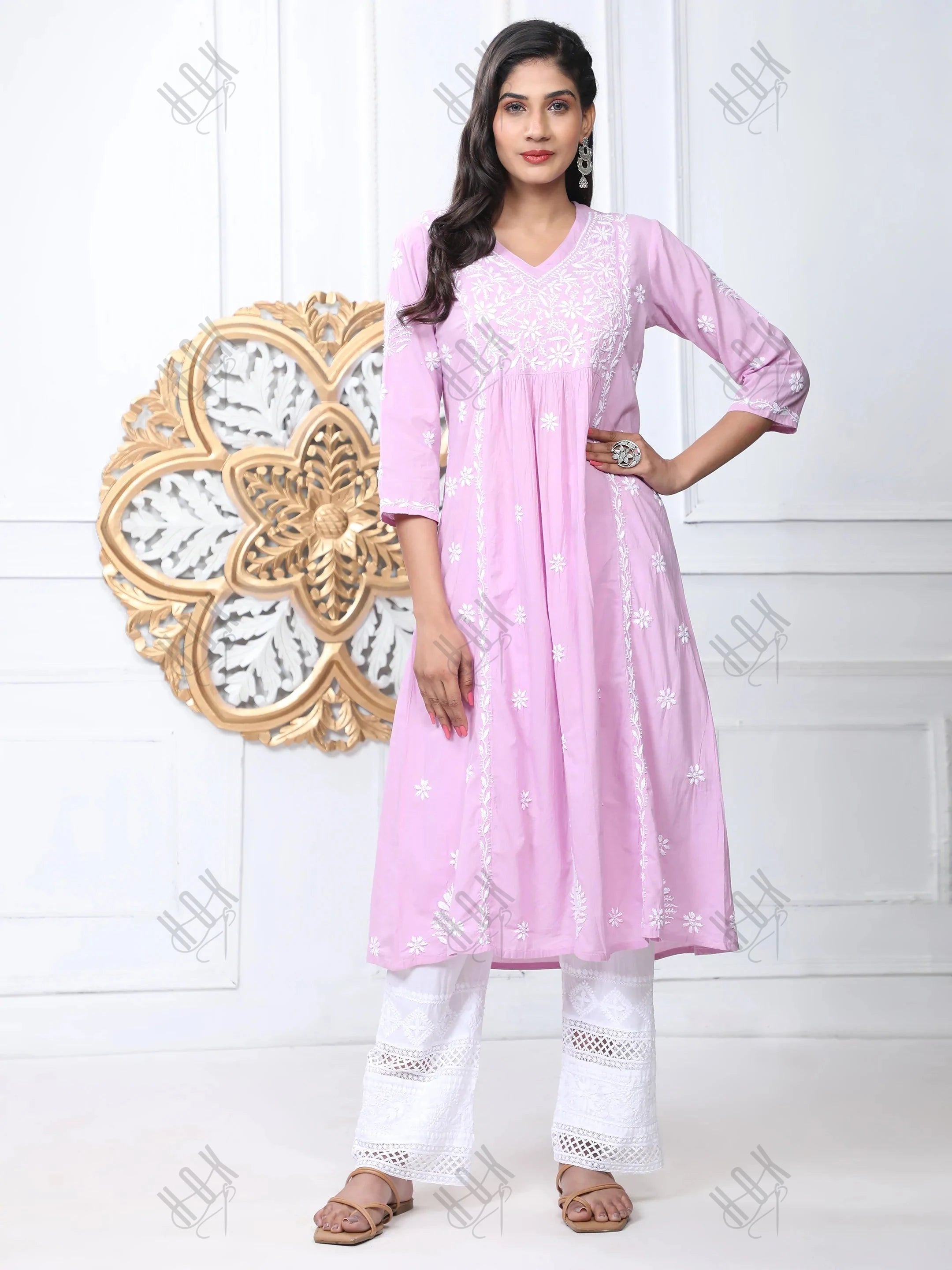 Noor Hand Embroidered Chikankari Long A-Line Kurti for Women- Lavender - House Of Kari (Chikankari Clothing)