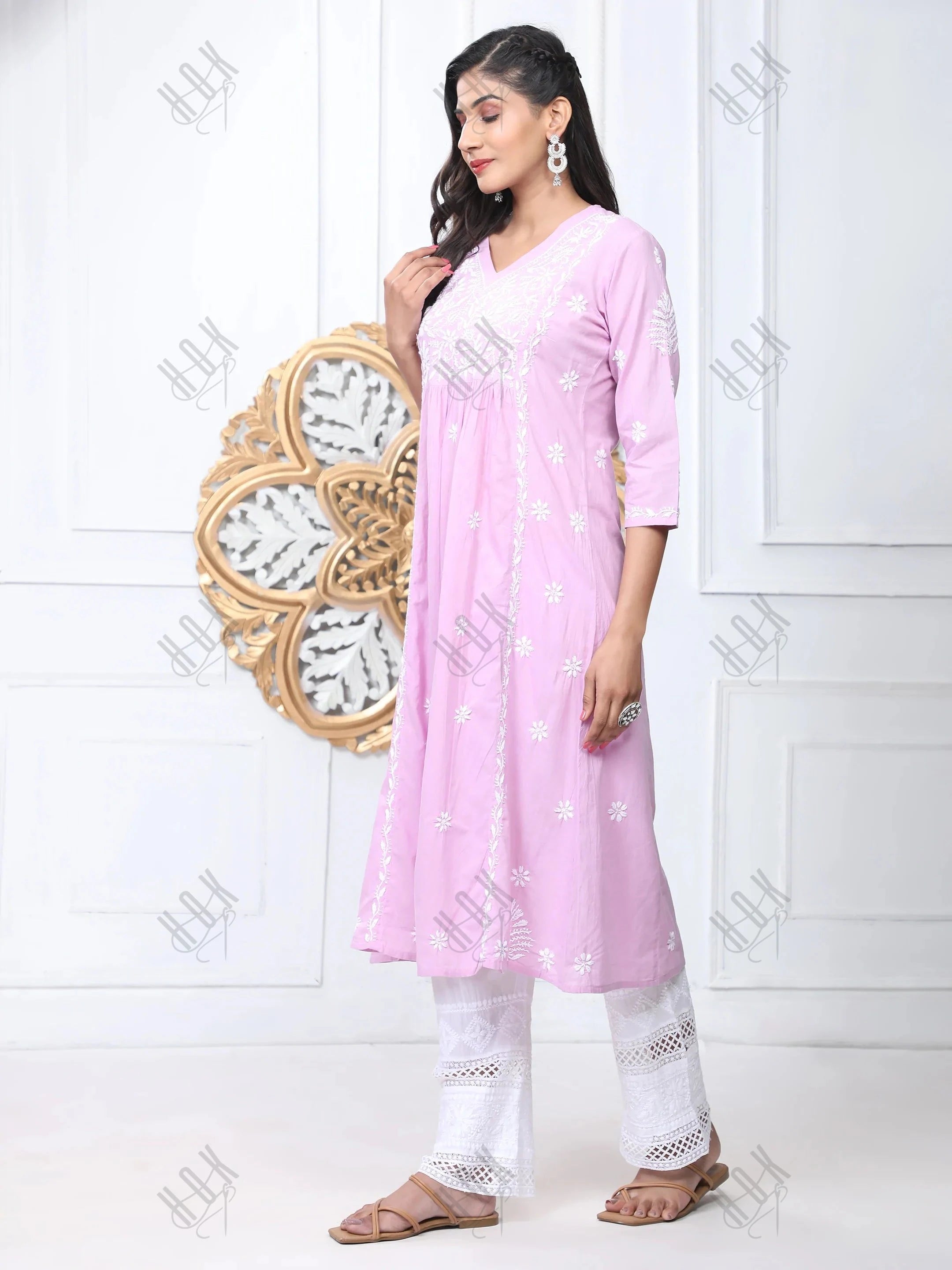 Noor Hand Embroidered Chikankari Long A-Line Kurti for Women- Lavender - House Of Kari (Chikankari Clothing)