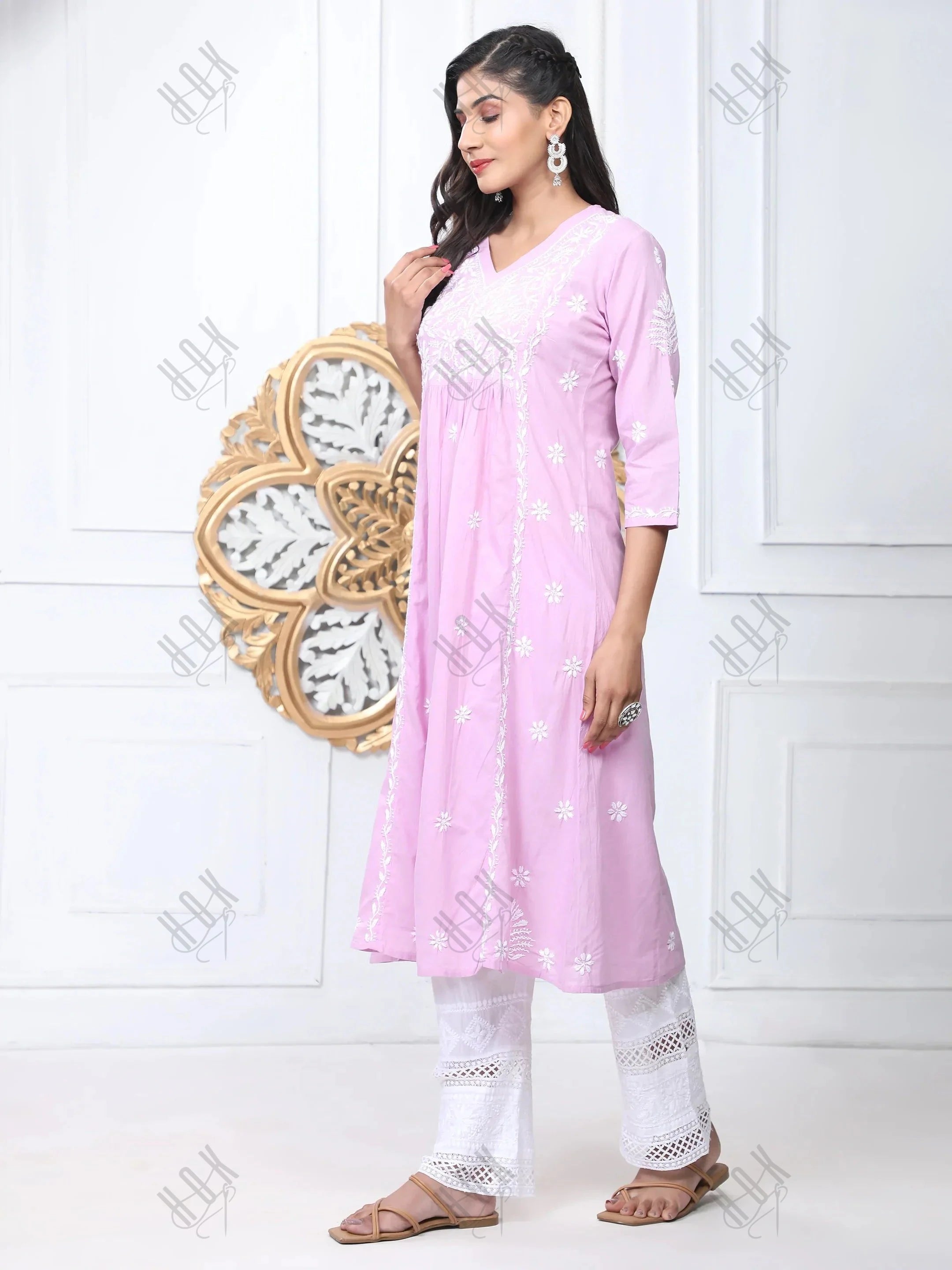 Chahat in Noor Hand Embroidered Chikankari Long A-Line Kurti for Women- Lavender - House Of Kari (Chikankari Clothing)