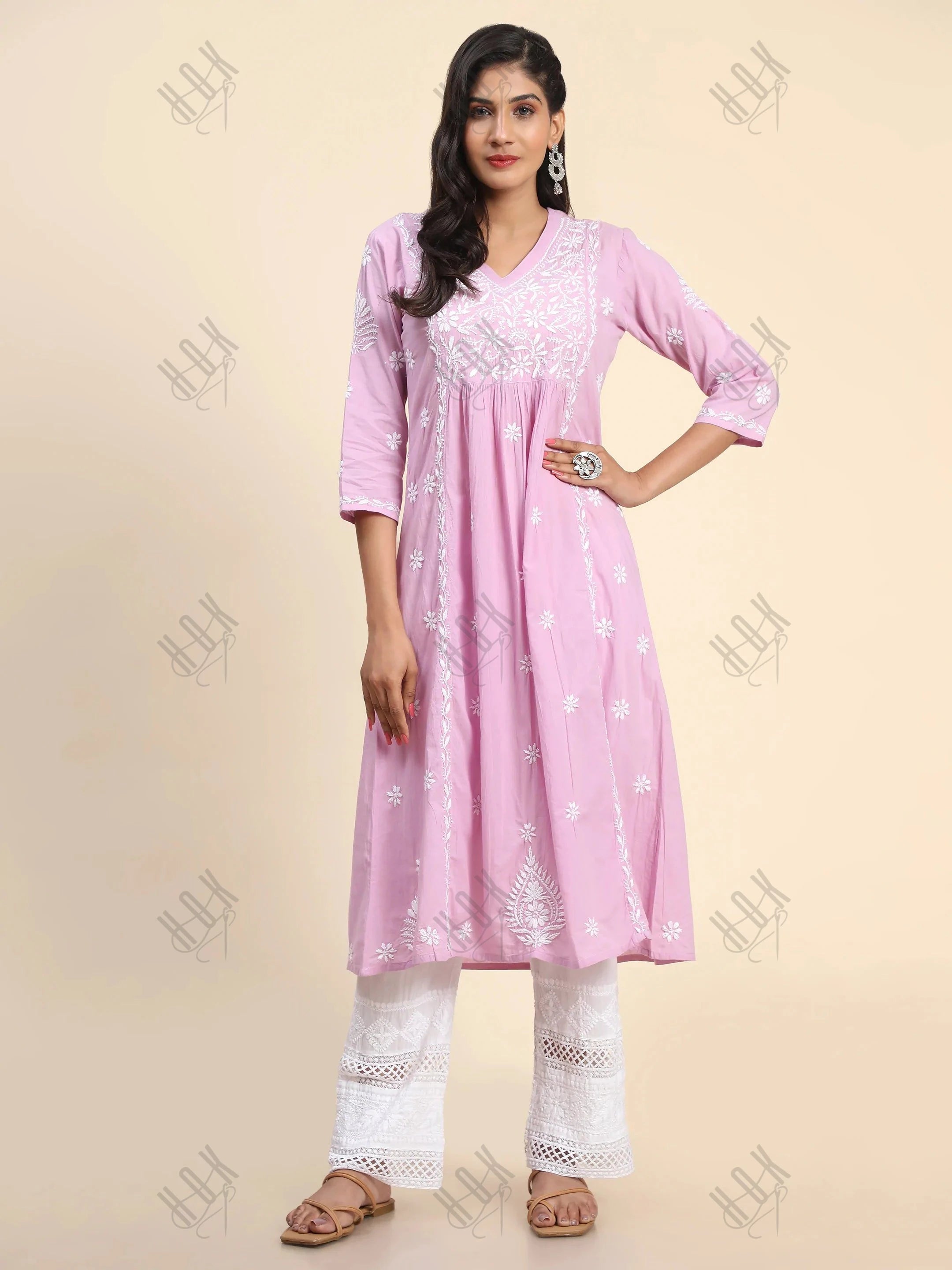 Noor Hand Embroidered Chikankari Long A-Line Kurti for Women- Lavender - House Of Kari (Chikankari Clothing)