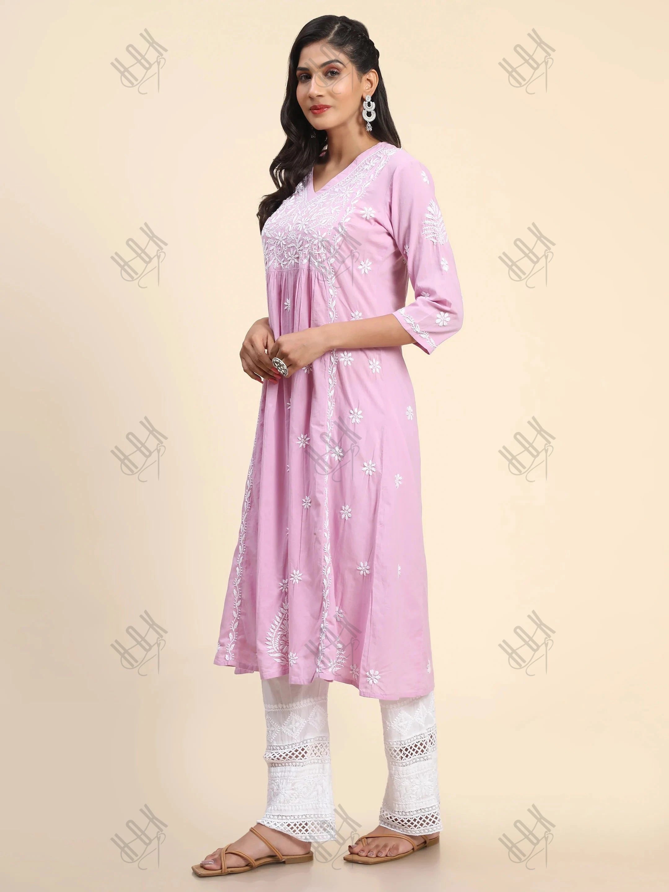 Noor Hand Embroidered Chikankari Long A-Line Kurti for Women- Lavender - House Of Kari (Chikankari Clothing)