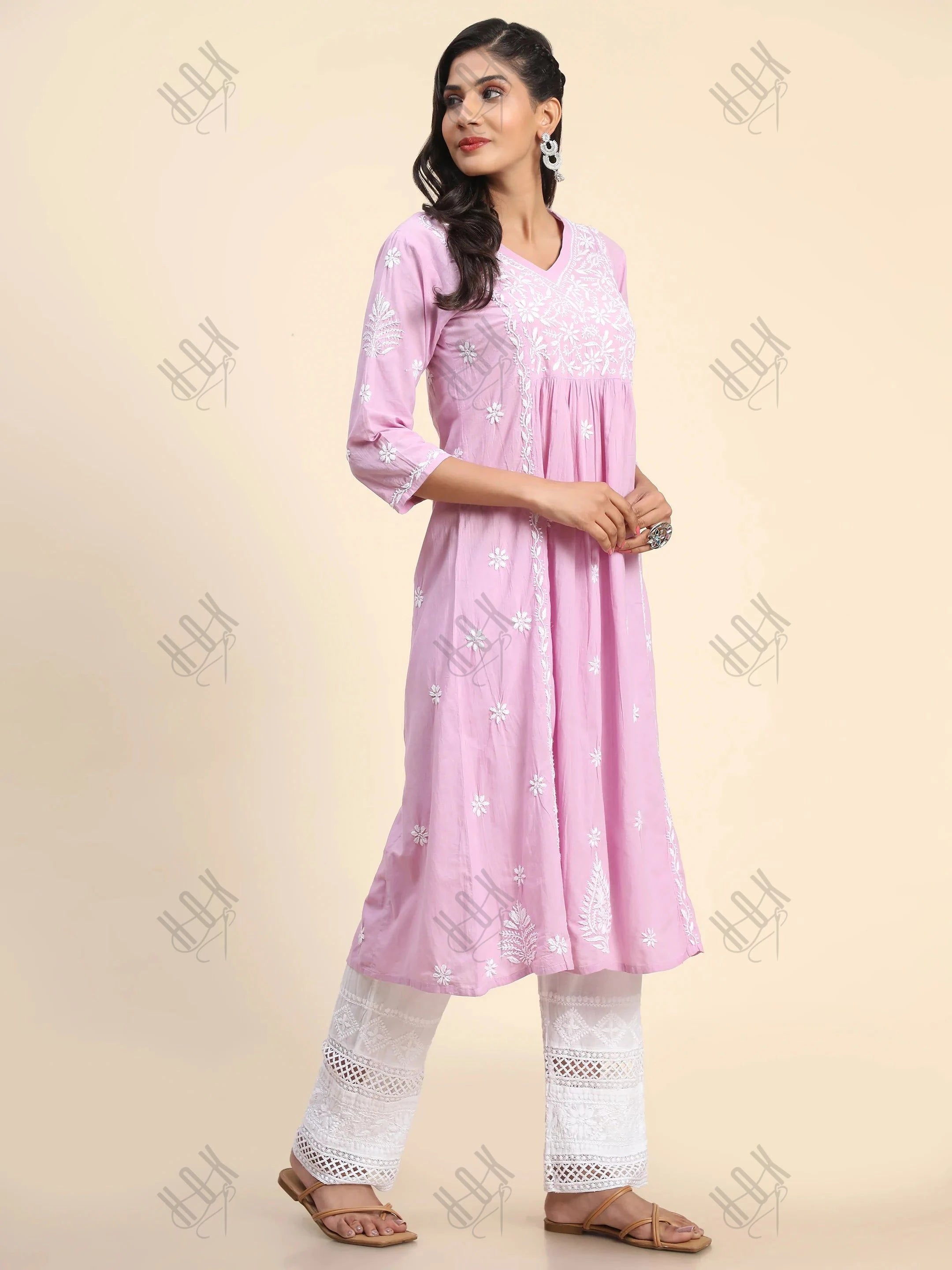 Noor Hand Embroidered Chikankari Long A-Line Kurti for Women- Lavender - House Of Kari (Chikankari Clothing)