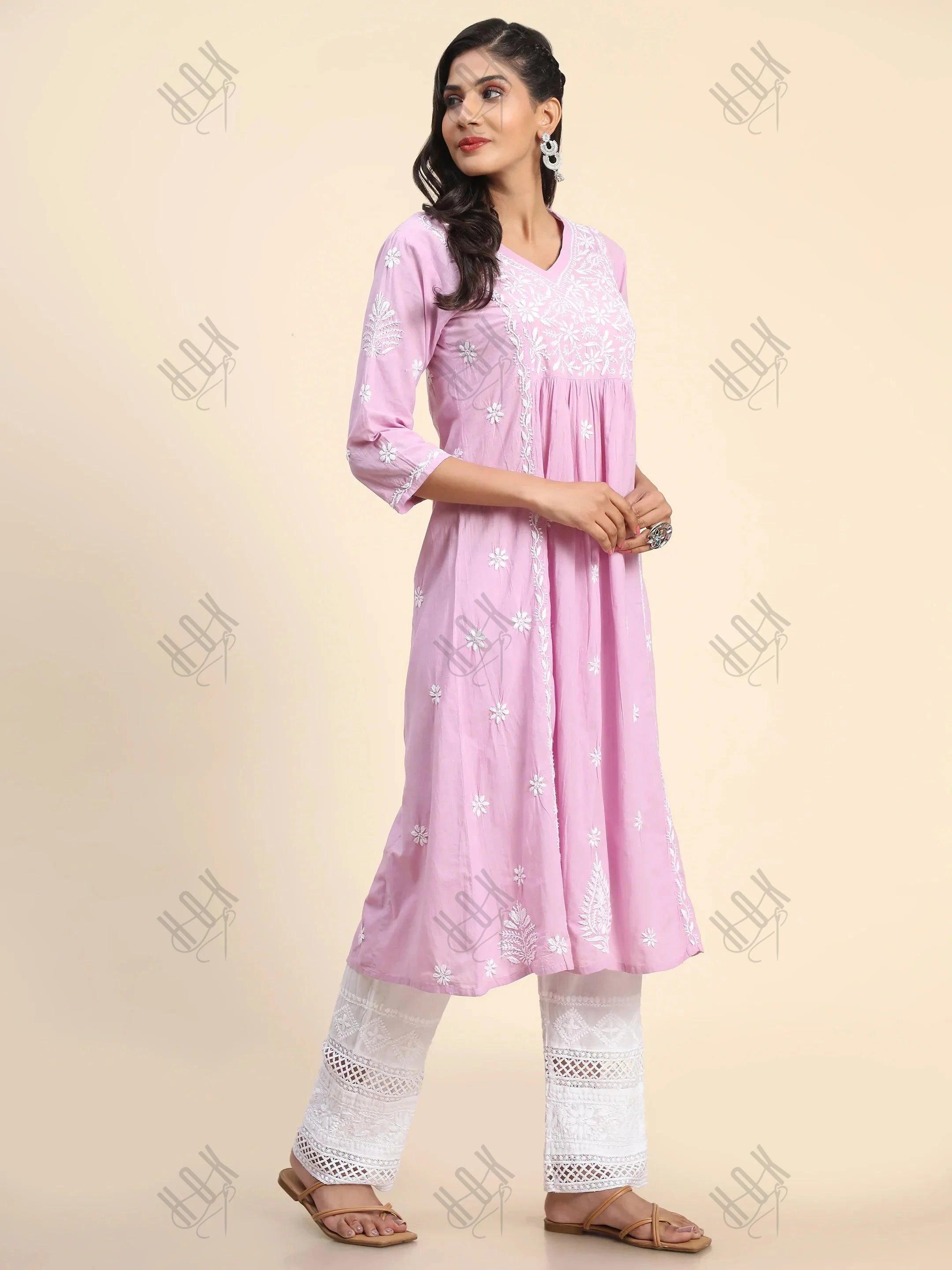 Chahat in Noor Hand Embroidered Chikankari Long A-Line Kurti for Women- Lavender - House Of Kari (Chikankari Clothing)