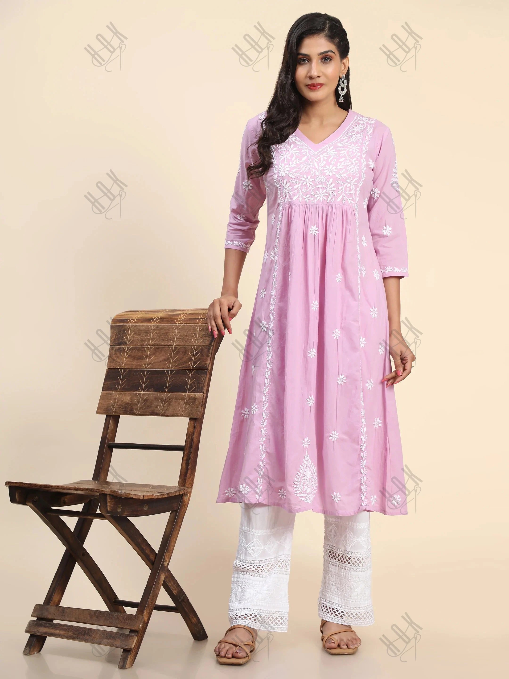 Noor Hand Embroidered Chikankari Long A-Line Kurti for Women- Lavender - House Of Kari (Chikankari Clothing)