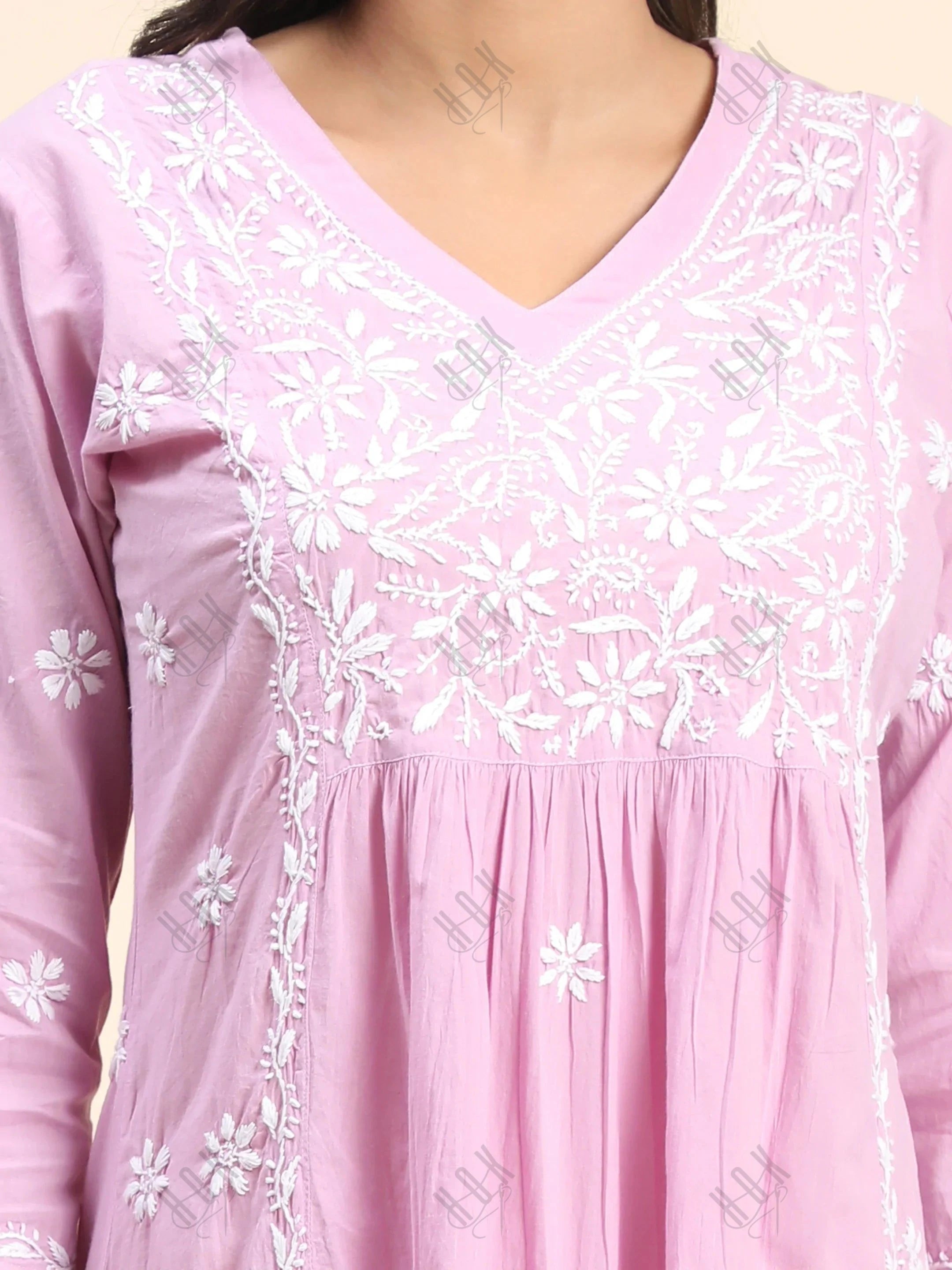 Chahat in Noor Hand Embroidered Chikankari Long A-Line Kurti for Women- Lavender - House Of Kari (Chikankari Clothing)