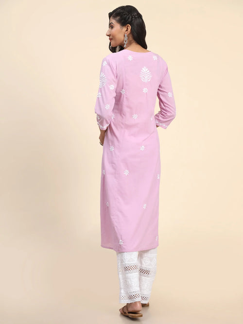 Chahat in Noor Hand Embroidered Chikankari Long A-Line Kurti for Women- Lavender - House Of Kari (Chikankari Clothing)
