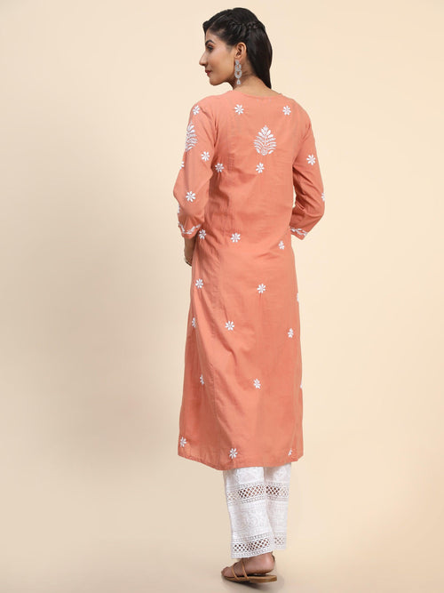 Noor Hand Embroidered Chikankari Long A-Line Kurti for Women- Coral orange - House Of Kari (Chikankari Clothing)
