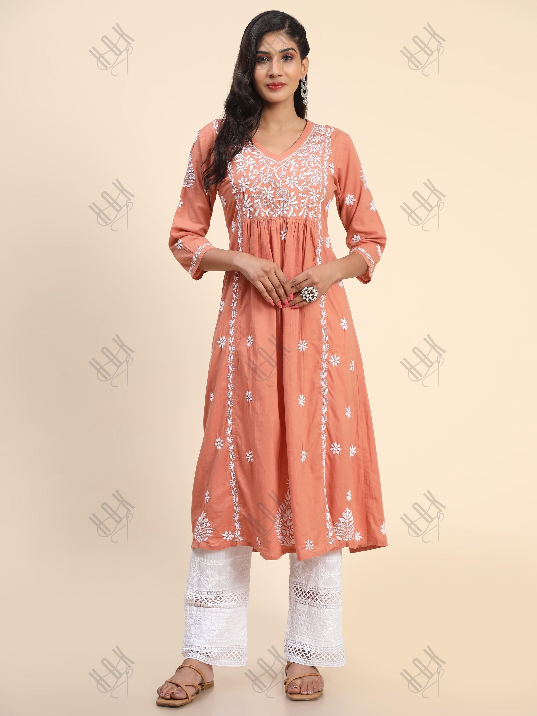 Noor Hand Embroidered Chikankari Long A-Line Kurti for Women- Coral orange - House Of Kari (Chikankari Clothing)