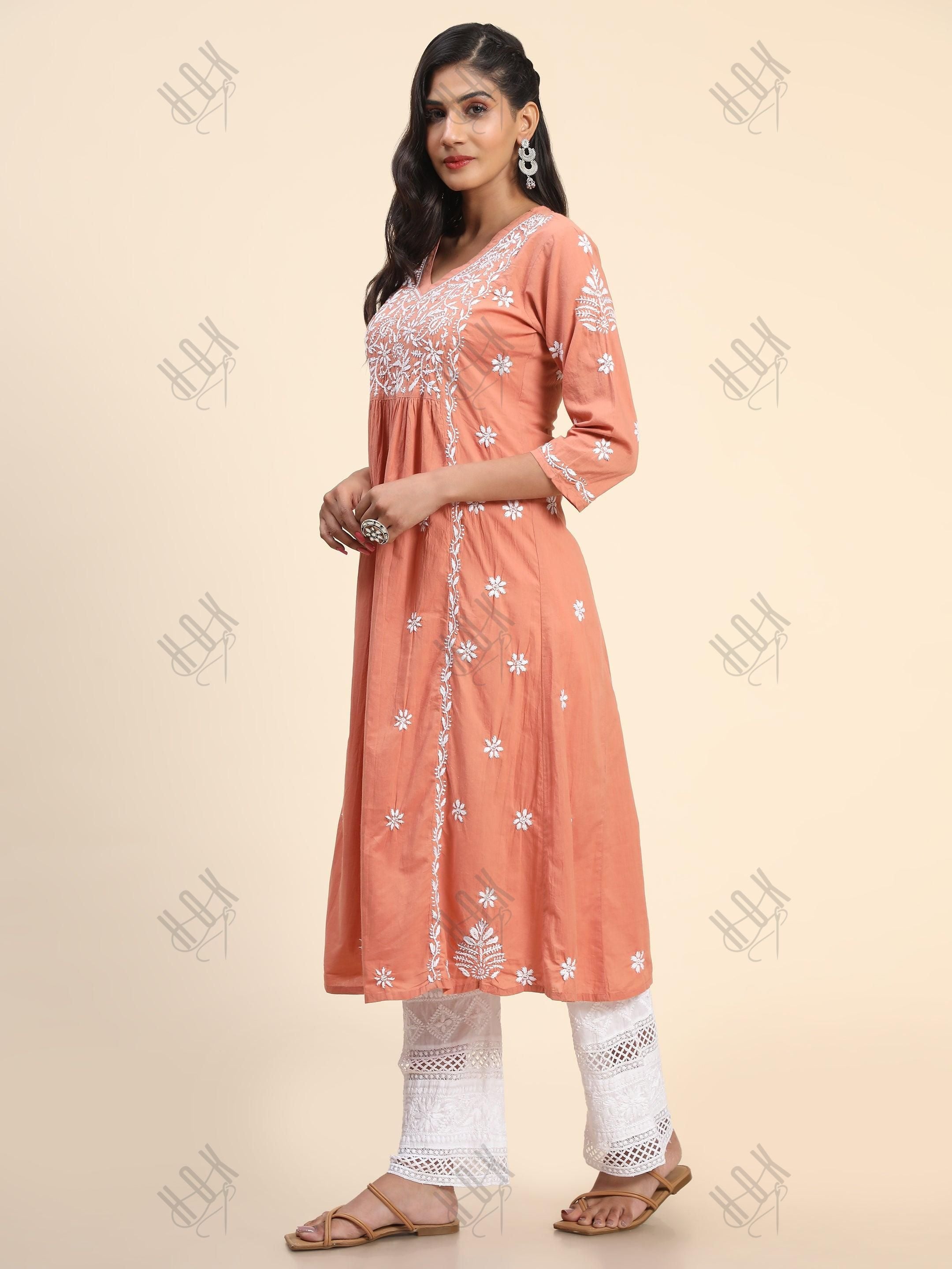 Noor Hand Embroidered Chikankari Long A-Line Kurti for Women- Coral orange - House Of Kari (Chikankari Clothing)