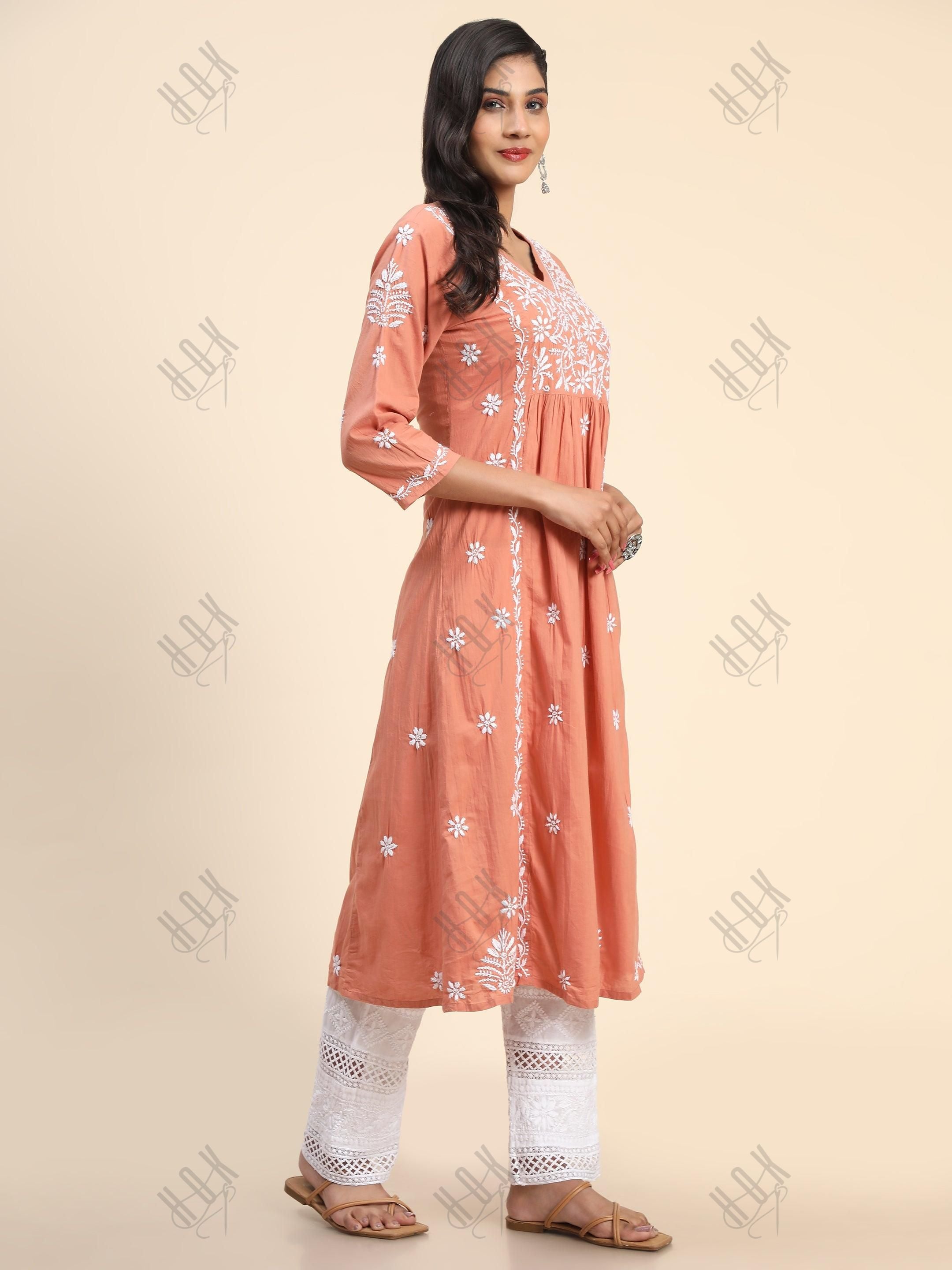 Noor Hand Embroidered Chikankari Long A-Line Kurti for Women- Coral orange - House Of Kari (Chikankari Clothing)