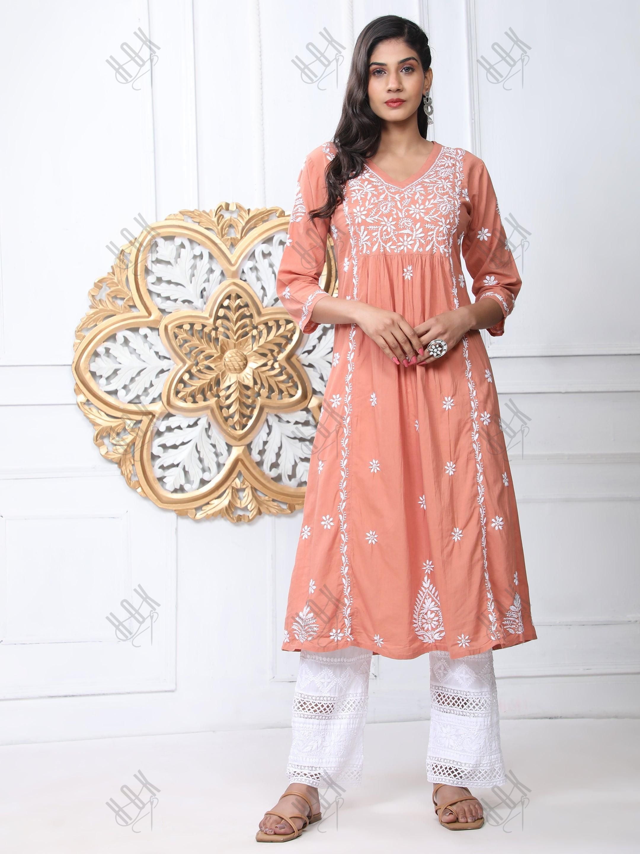 Noor Hand Embroidered Chikankari Long A-Line Kurti for Women- Coral orange - House Of Kari (Chikankari Clothing)