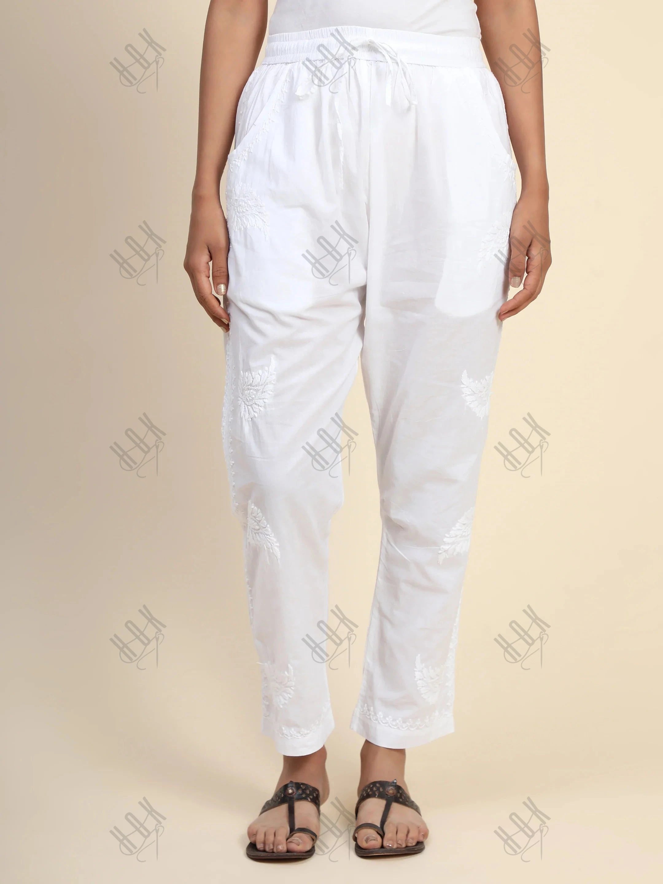 House Of Kari Chikankari Embroidered Cotton White Relaxed Pants Trousers-9 - House Of Kari (Chikankari Clothing)