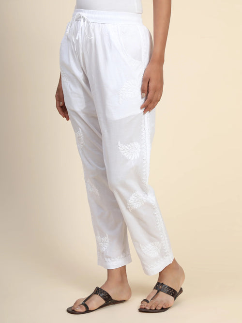 House Of Kari Chikankari Embroidered Cotton White Relaxed Pants Trousers-9 - House Of Kari (Chikankari Clothing)