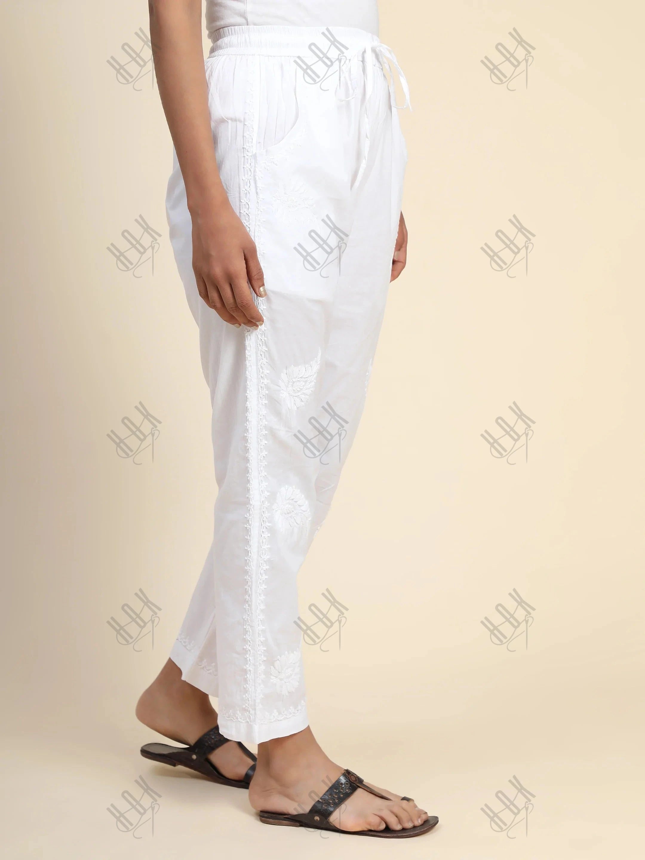 House Of Kari Chikankari Embroidered Cotton White Relaxed Pants Trousers-9 - House Of Kari (Chikankari Clothing)