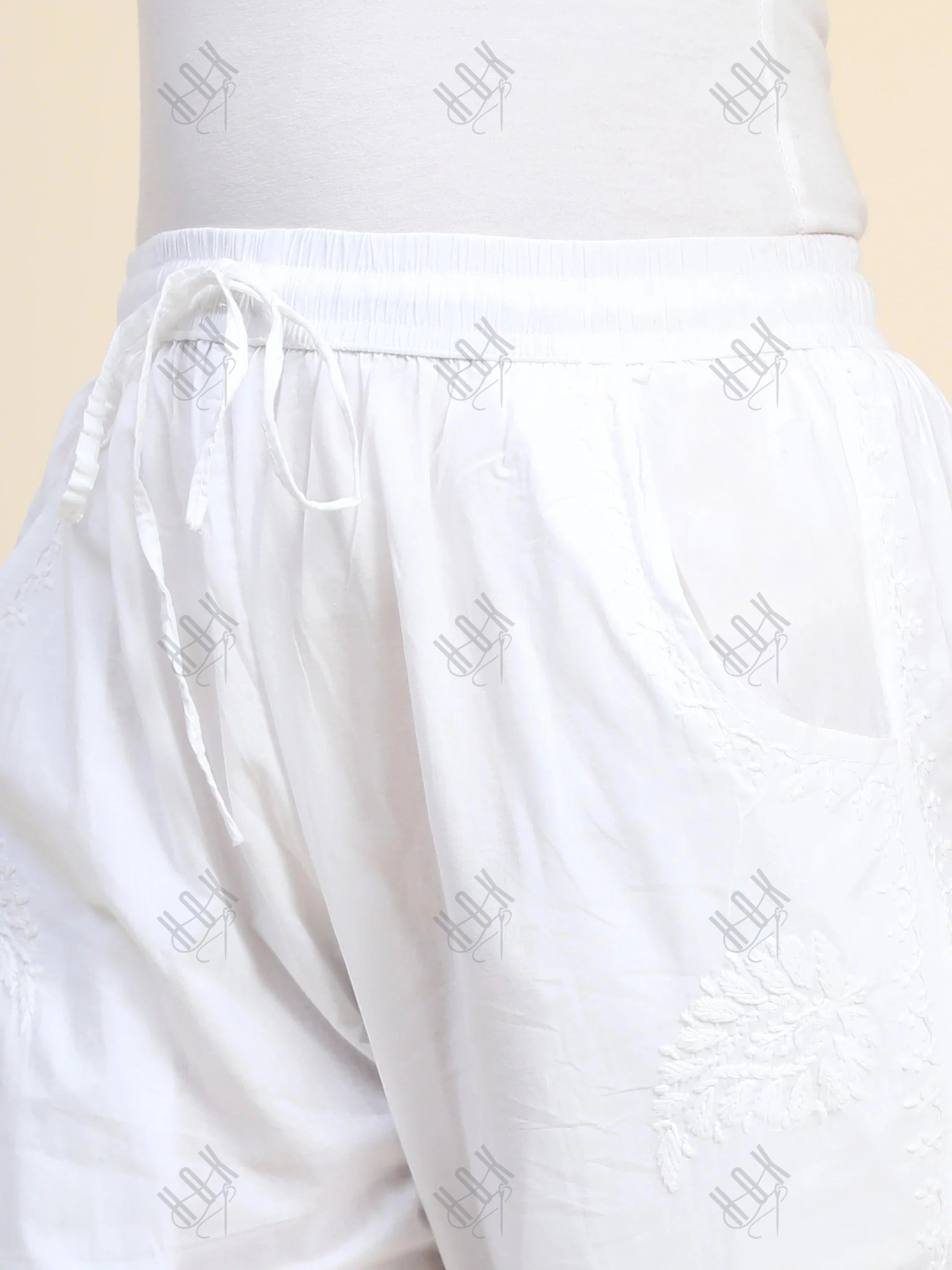 House Of Kari Chikankari Embroidered Cotton White Relaxed Pants Trousers-9 - House Of Kari (Chikankari Clothing)