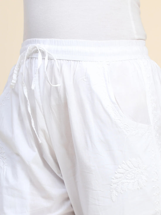 Load image into Gallery viewer, House Of Kari Chikankari Embroidered Cotton White Relaxed Pants Trousers-9 - House Of Kari (Chikankari Clothing)
