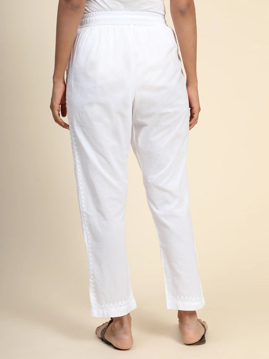 House Of Kari Chikankari Embroidered Cotton White Relaxed Pants Trousers-9 - House Of Kari (Chikankari Clothing)