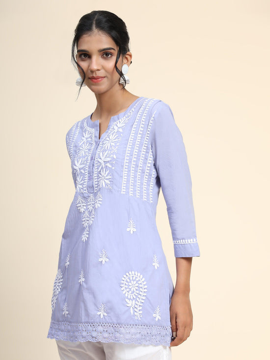Load image into Gallery viewer, Hand Embroidery Chinakari Short Cotton Tunics-Blue - House Of Kari (Chikankari Clothing)

