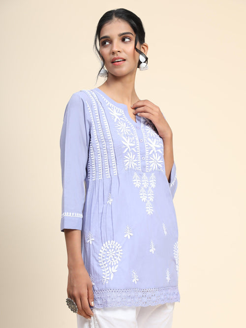 Load image into Gallery viewer, Hand Embroidery Chinakari Short Cotton Tunics-Blue - House Of Kari (Chikankari Clothing)
