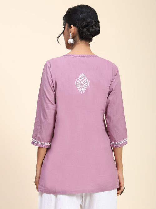 Hand Embroidery Chinakari Short Cotton Tunics- Purple - House Of Kari (Chikankari Clothing)