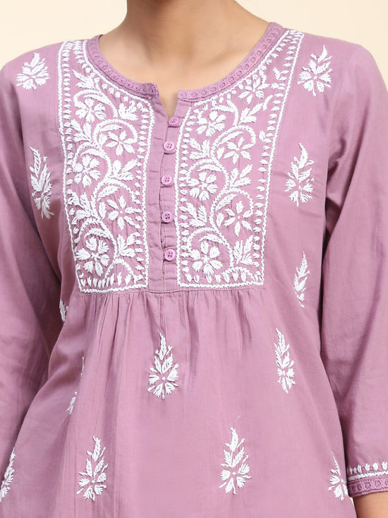 Hand Embroidery Chinakari Short Cotton Tunics- Purple - House Of Kari (Chikankari Clothing)
