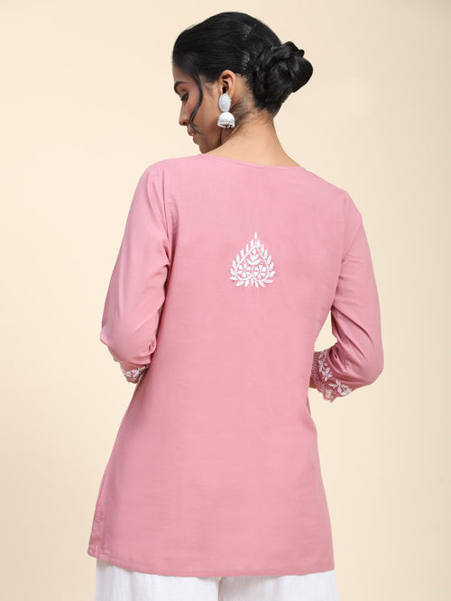 Hand Embroidery Chinakari Short Cotton Tunics-Pink - House Of Kari (Chikankari Clothing)