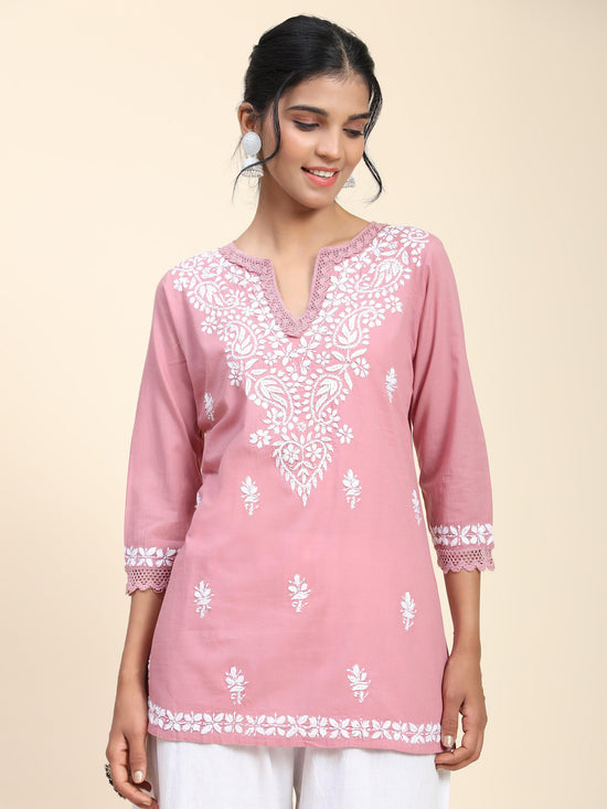 Hand Embroidery Chinakari Short Cotton Tunics-Pink - House Of Kari (Chikankari Clothing)