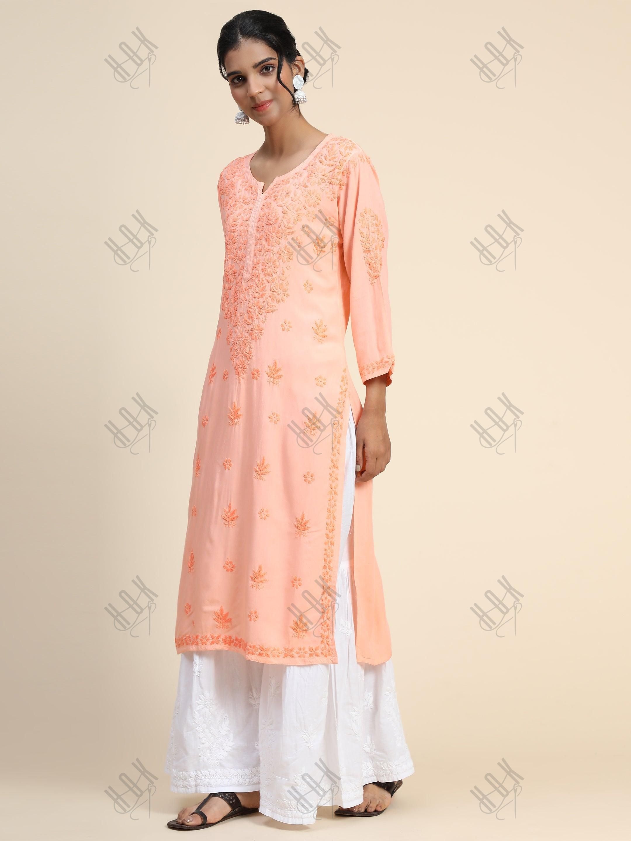 Premium Hand Embroidery Chikankari Kurta Modal Cotton- Peach