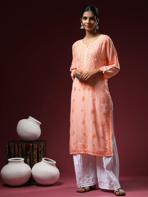 Load image into Gallery viewer, Premium Hand Embroidery Chikankari Kurta Modal Cotton- Peach - House Of Kari (Chikankari Clothing)
