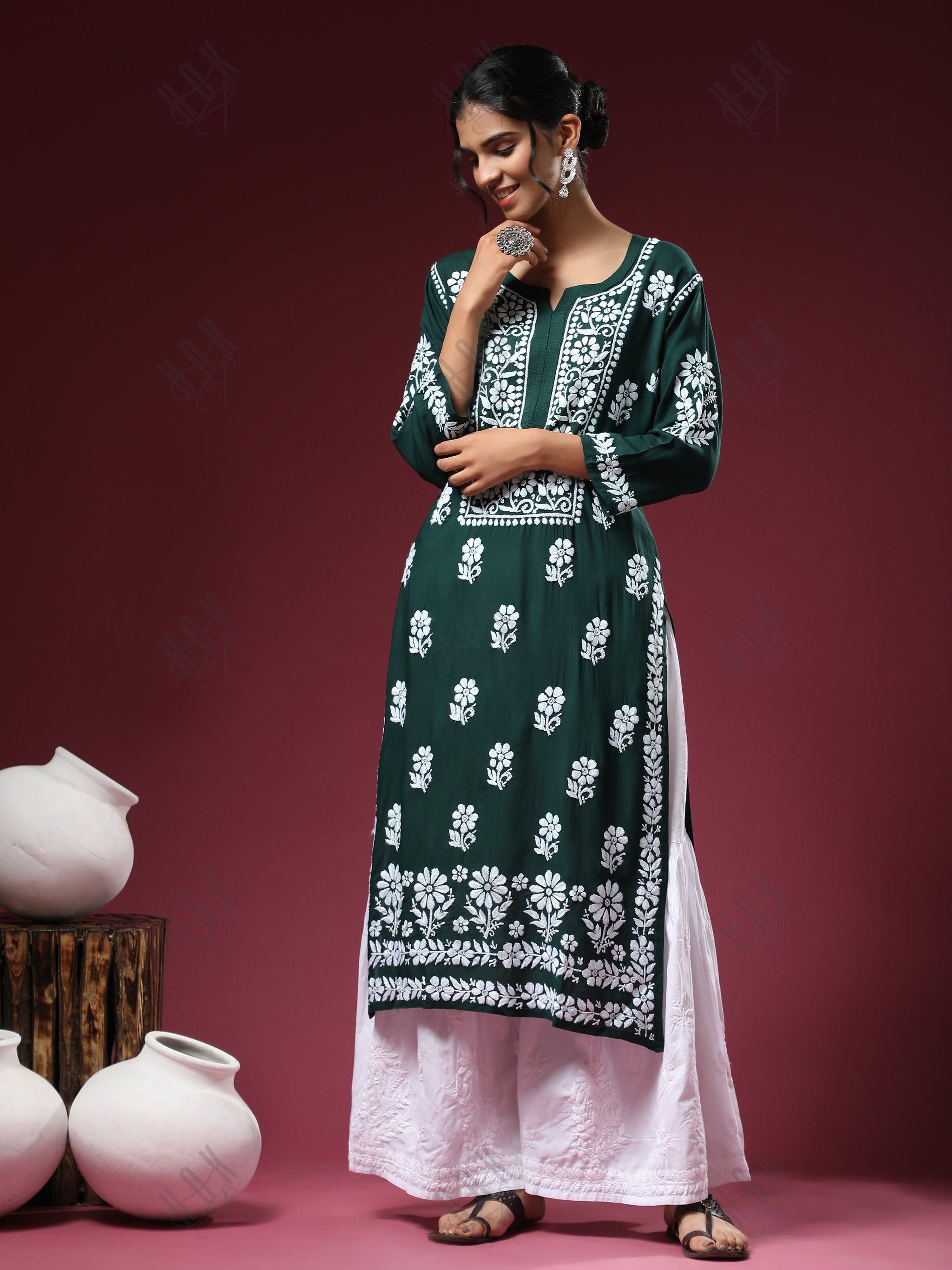 Premium Hand Embroidery Chikankari Kurta Modal Cotton- Green - House Of Kari (Chikankari Clothing)