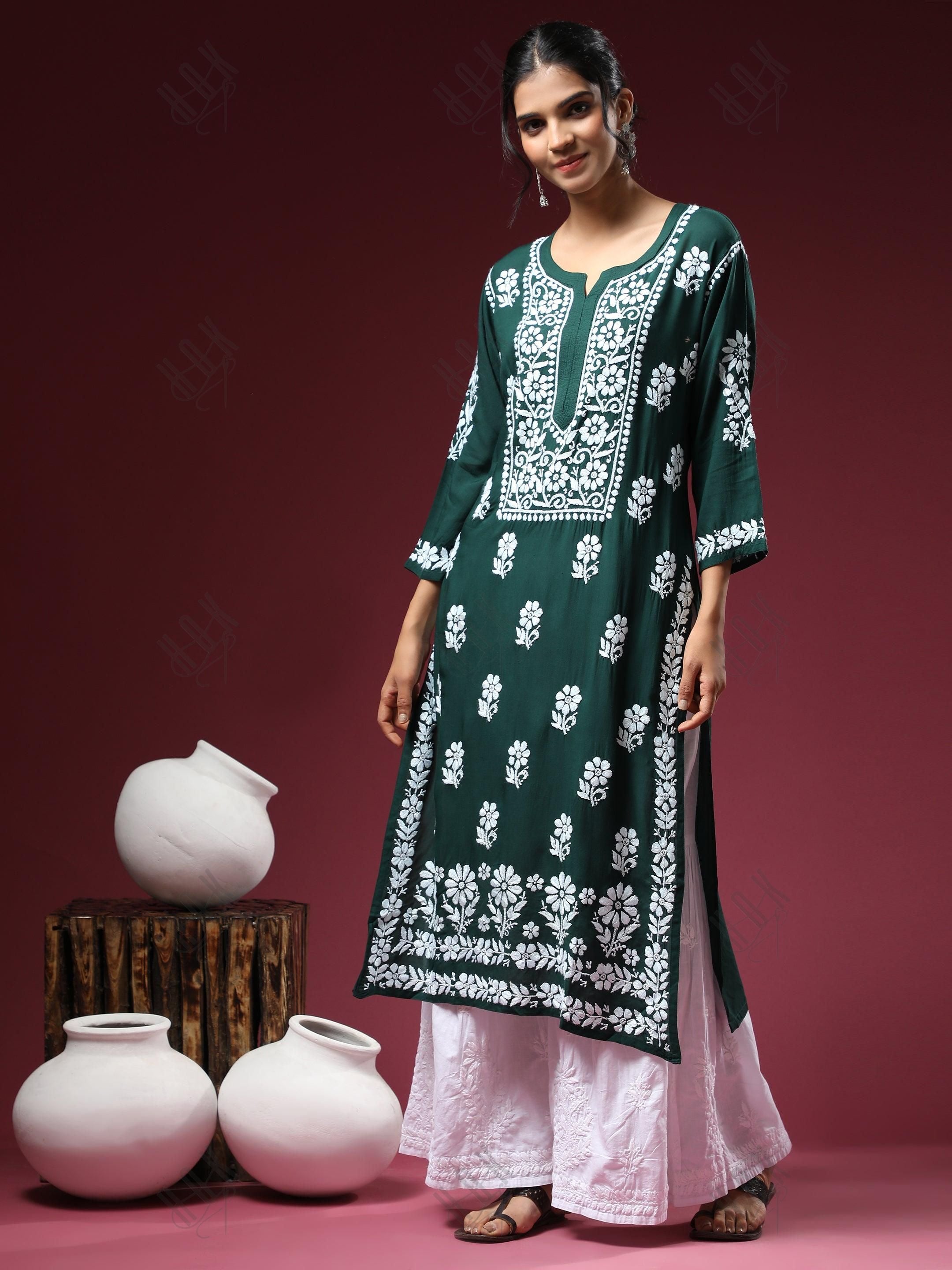 Premium Hand Embroidery Chikankari Kurta Modal Cotton- Green - House Of Kari (Chikankari Clothing)