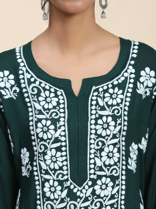 Premium Hand Embroidery Chikankari Kurta Modal Cotton- Green - House Of Kari (Chikankari Clothing)
