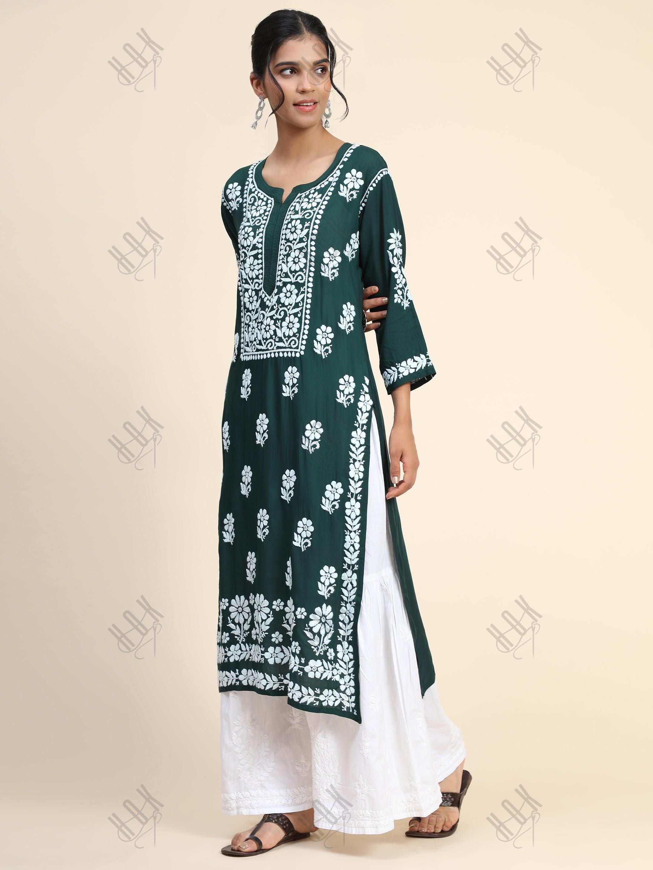 Premium Hand Embroidery Chikankari Kurta Modal Cotton- Green - House Of Kari (Chikankari Clothing)