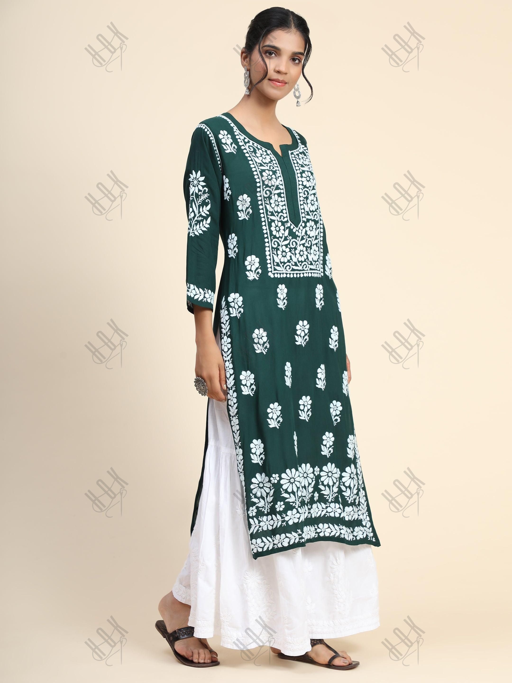 Premium Hand Embroidery Chikankari Kurta Modal Cotton- Green - House Of Kari (Chikankari Clothing)