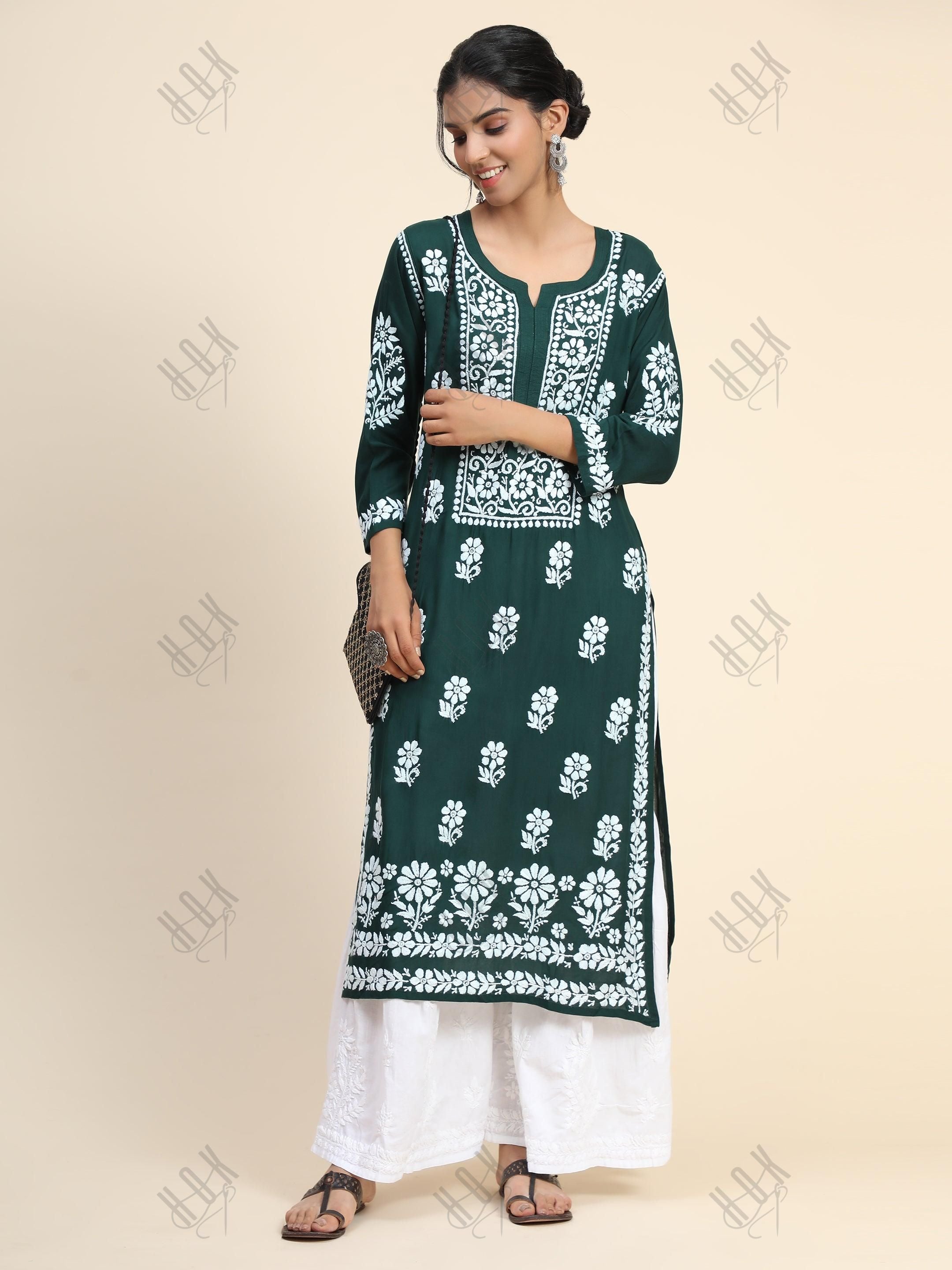 Premium Hand Embroidery Chikankari Kurta Modal Cotton- Green - House Of Kari (Chikankari Clothing)