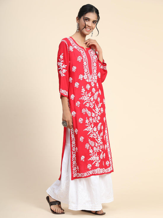 Premium Hand Embroidery Chikankari Kurta Modal Cotton- RED - House Of Kari (Chikankari Clothing)