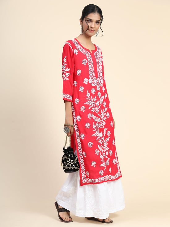 Premium Hand Embroidery Chikankari Kurta Modal Cotton- RED - House Of Kari (Chikankari Clothing)