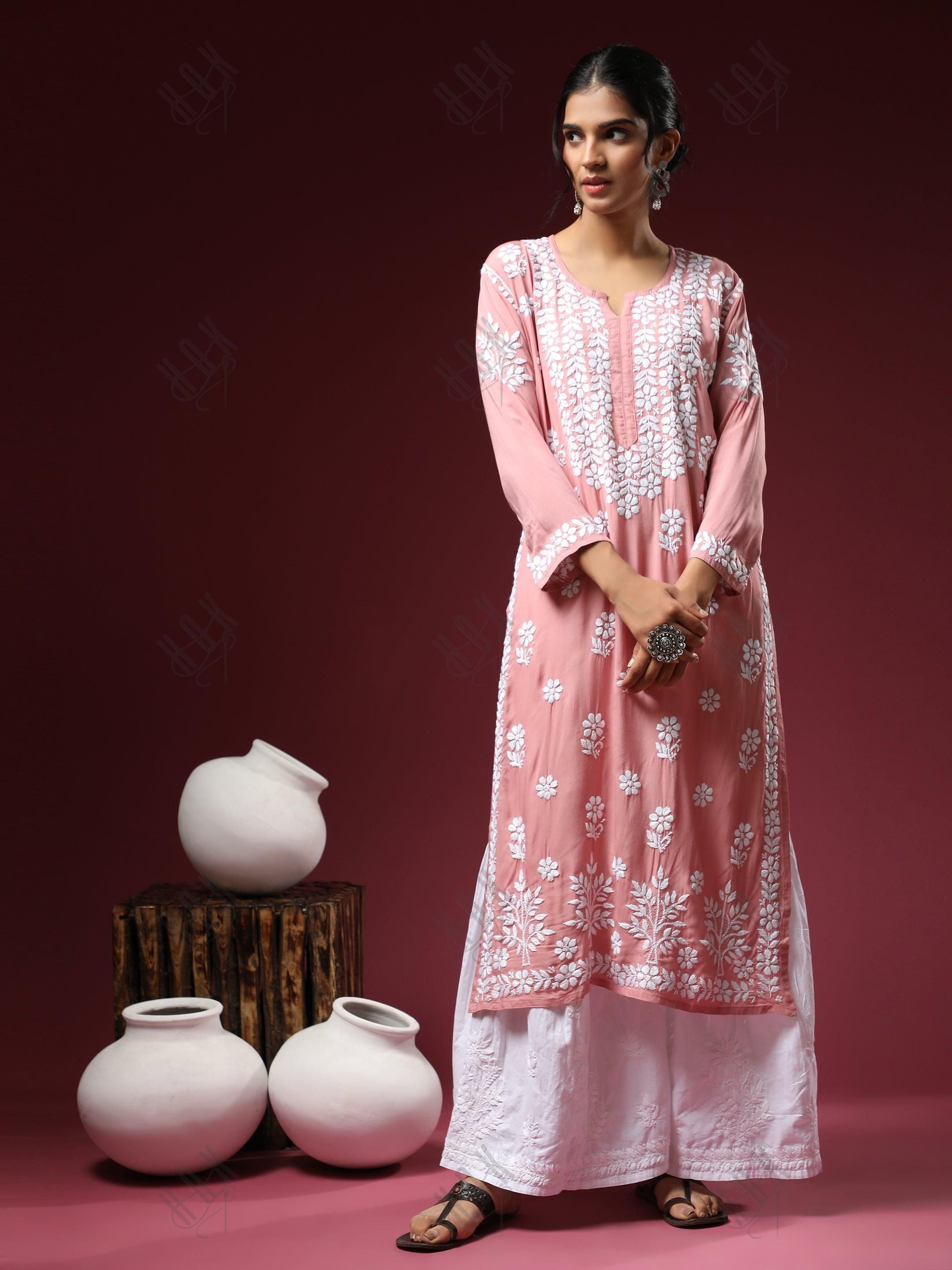 Arti Chauhan in Premium Hand Embroidery Chikankari Kurta Modal Cotton- Pink - House Of Kari (Chikankari Clothing)