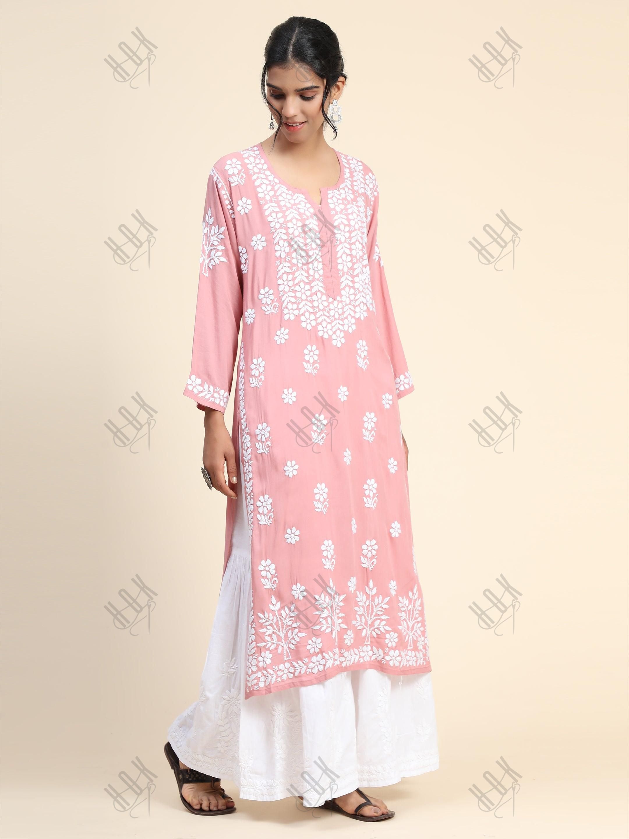 Arti Chauhan in Premium Hand Embroidery Chikankari Kurta Modal Cotton- Pink - House Of Kari (Chikankari Clothing)